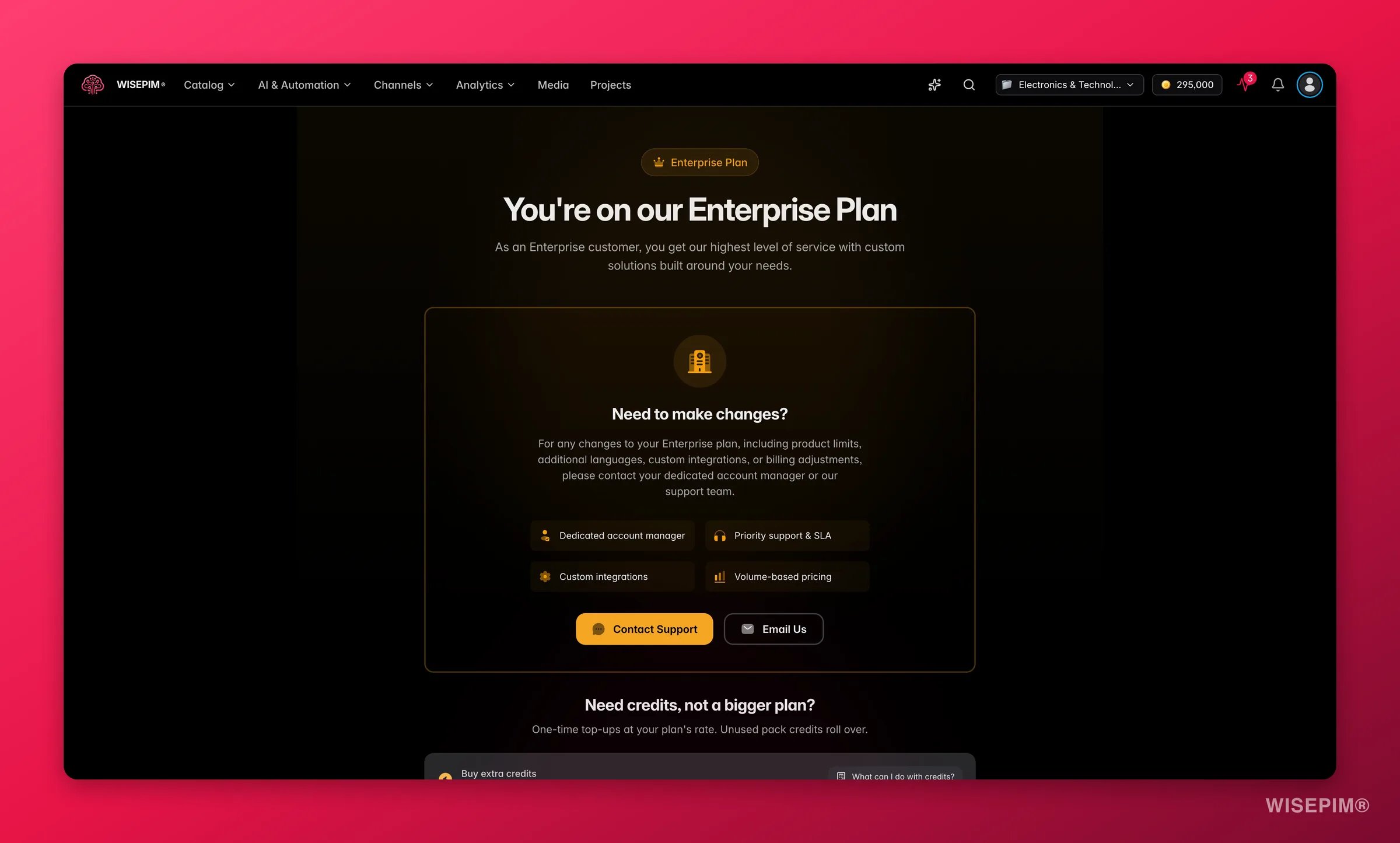 WISEPIM plan comparison and upgrade page with feature tiers