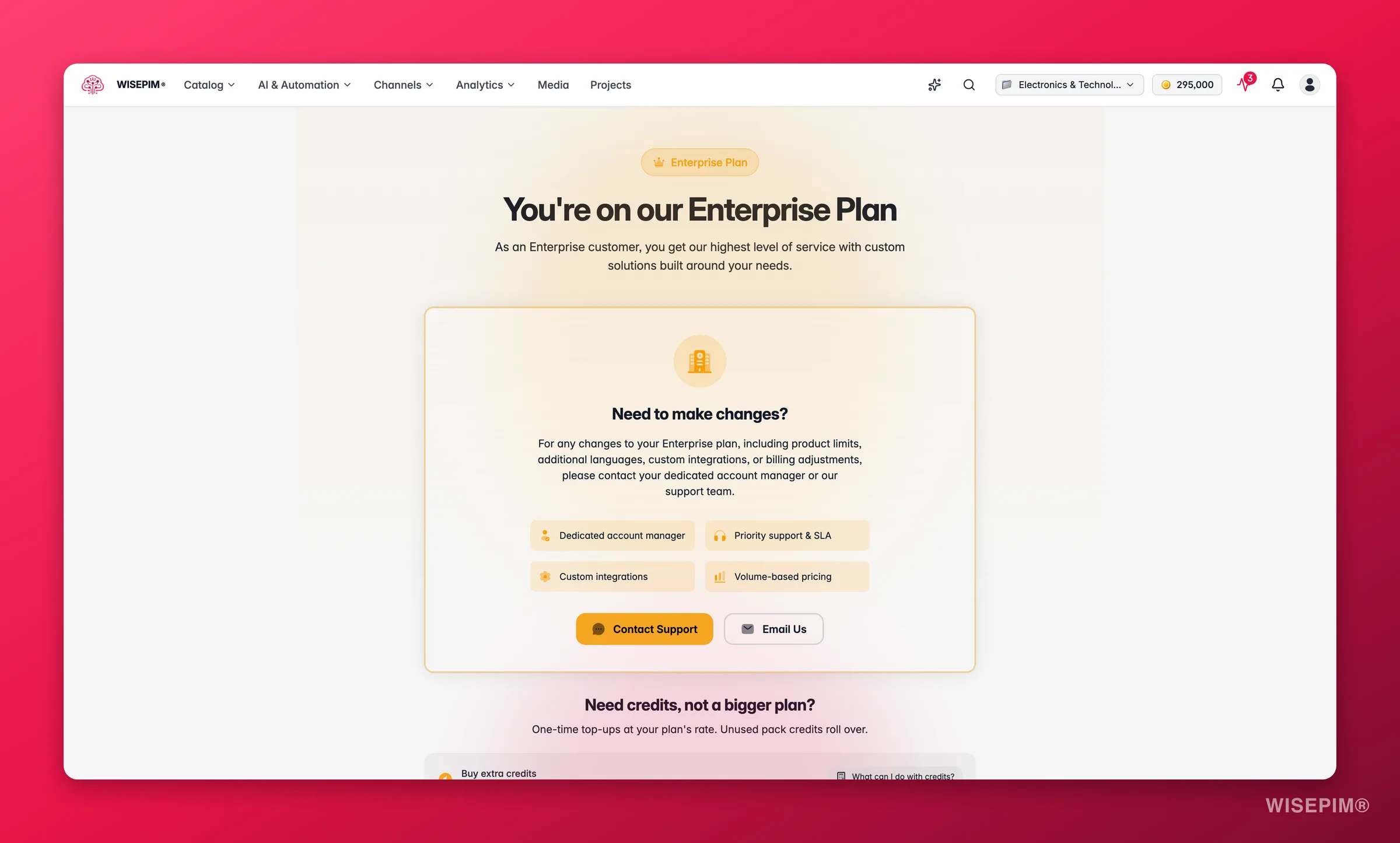 WISEPIM plan comparison and upgrade page with feature tiers