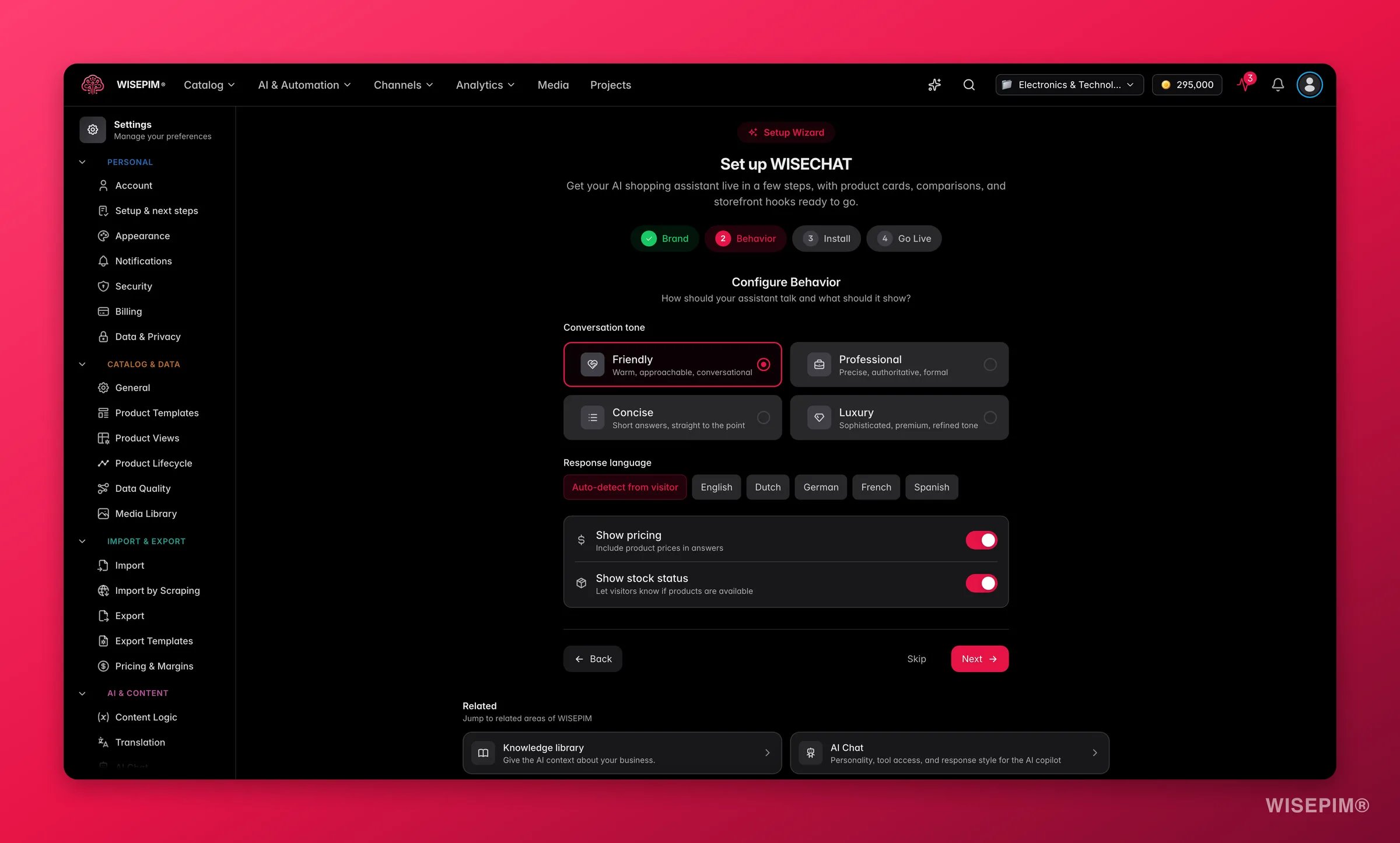 WISEPIM WISECHAT setup - behavior step with pricing/stock toggles and assistant tone