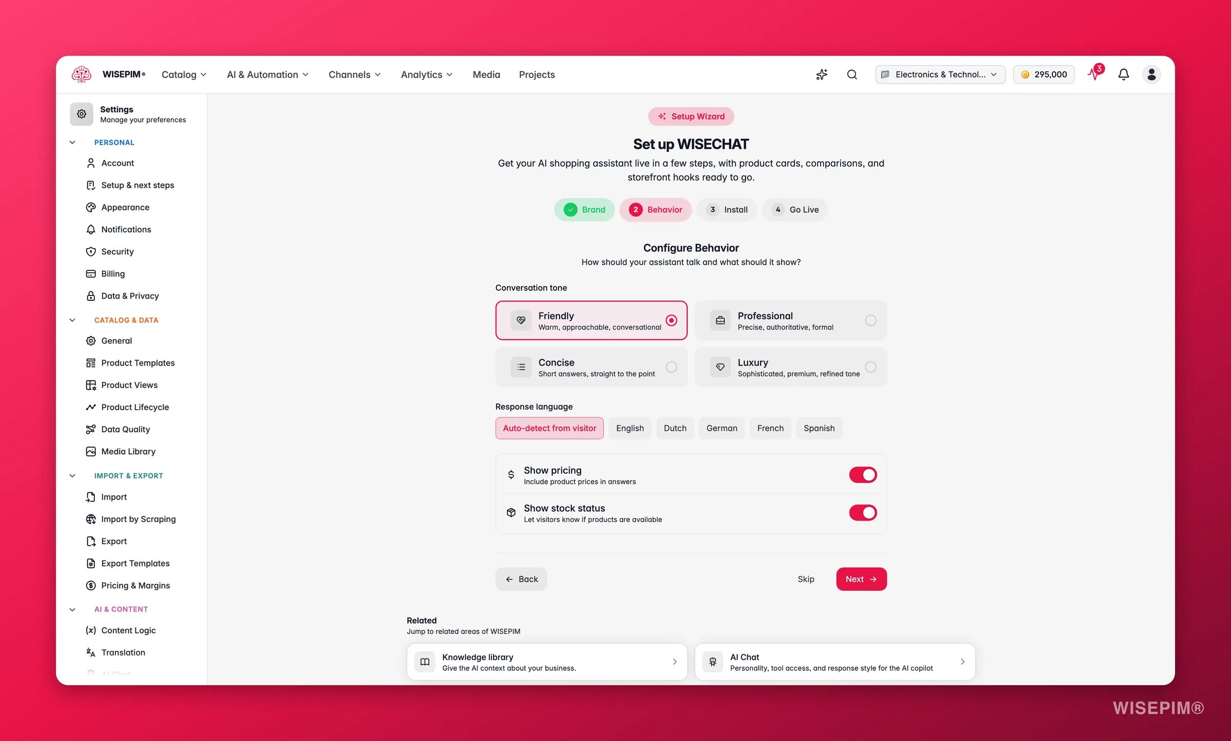 WISEPIM WISECHAT setup - behavior step with pricing/stock toggles and assistant tone