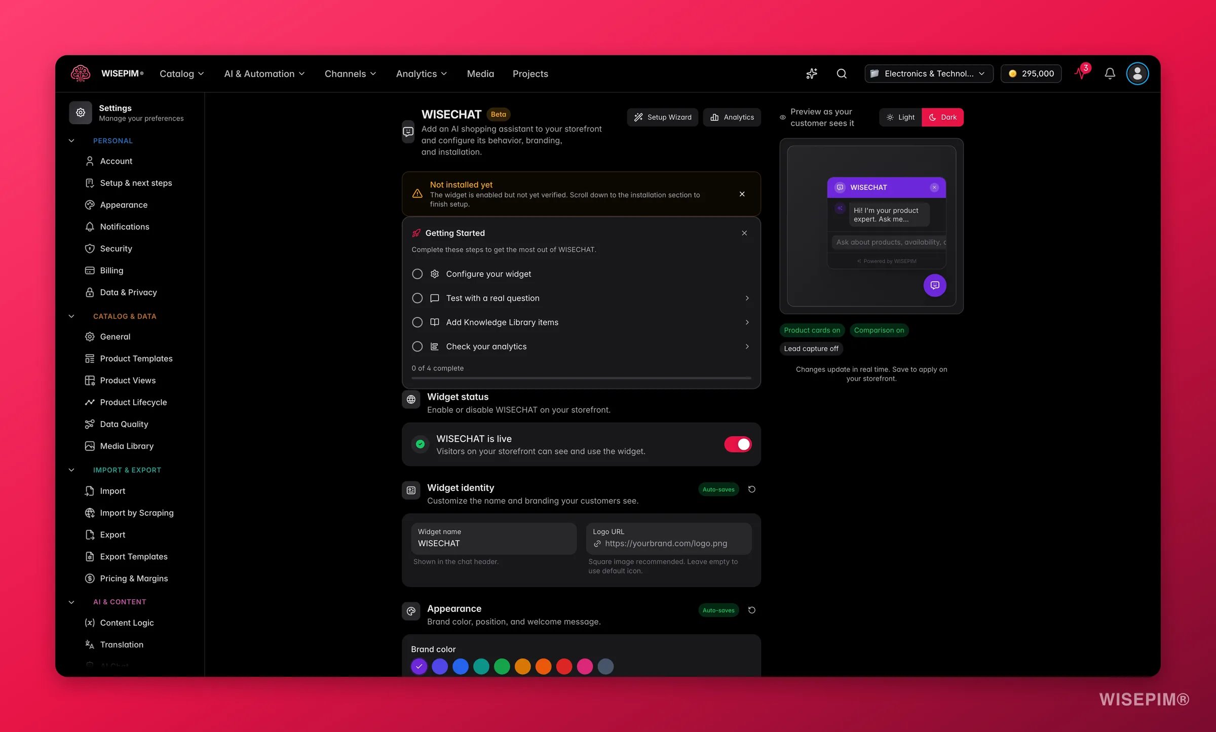 WISEPIM WISECHAT setup wizard with a live preview of the storefront AI shopping assistant