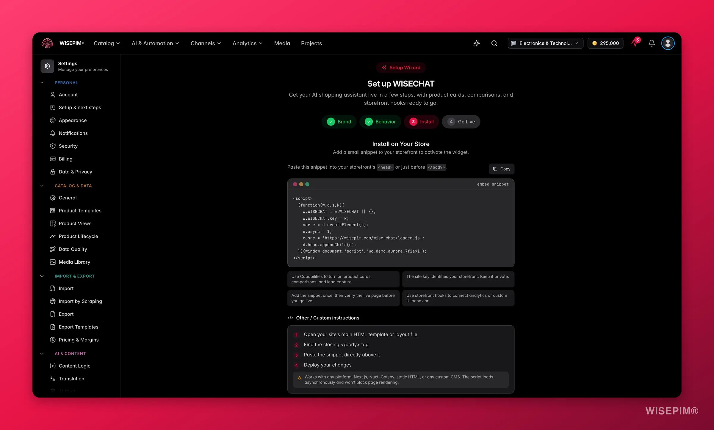 WISEPIM WISECHAT setup - install step with the embed snippet and per-platform install guide
