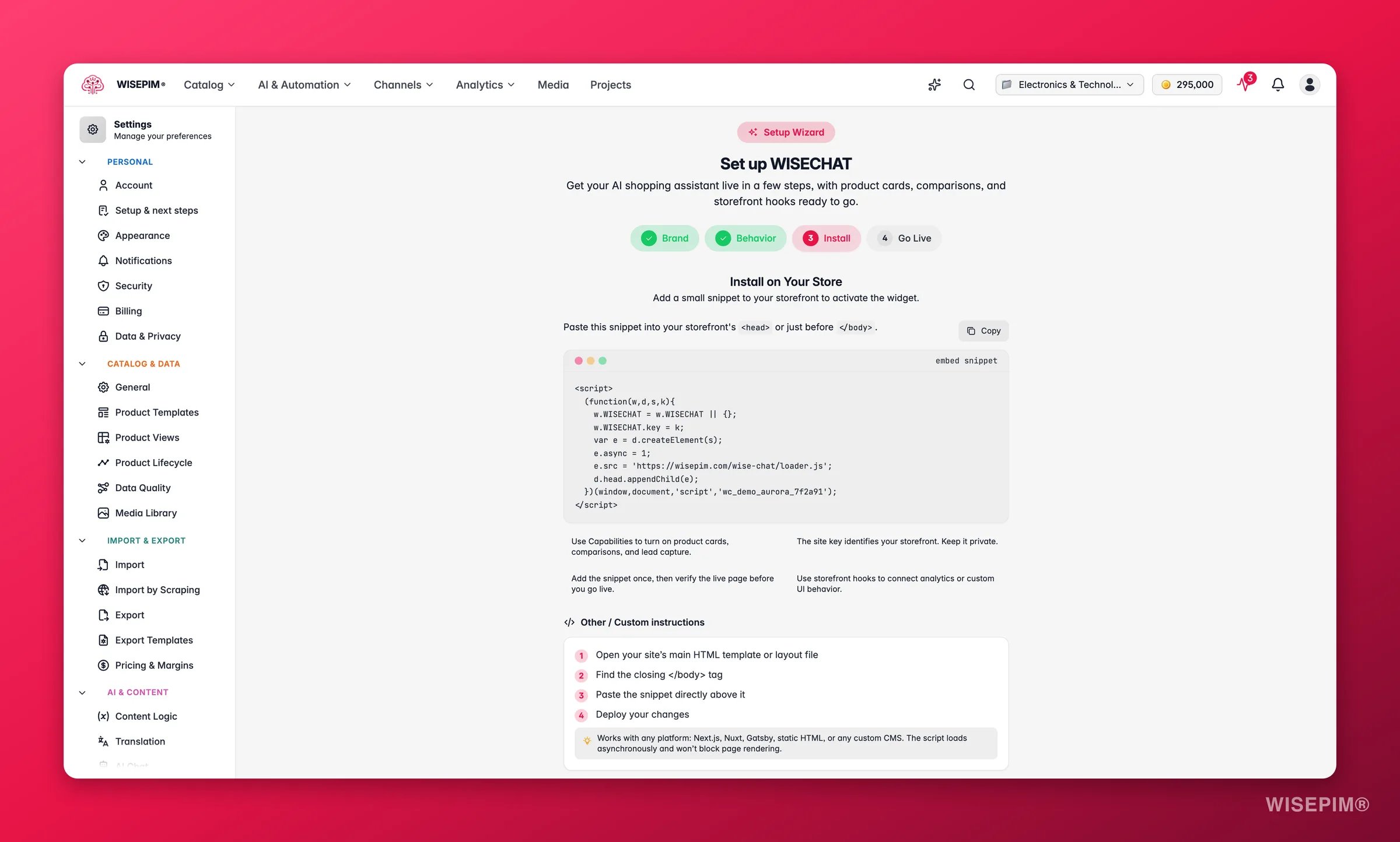 WISEPIM WISECHAT setup - install step with the embed snippet and per-platform install guide