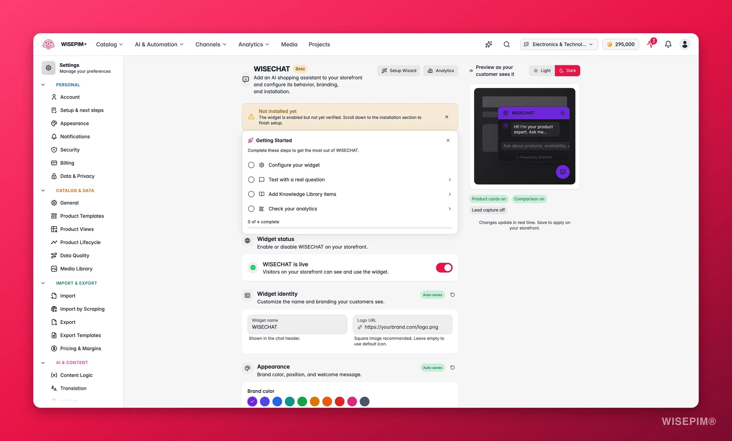 WISEPIM WISECHAT setup wizard with a live preview of the storefront AI shopping assistant