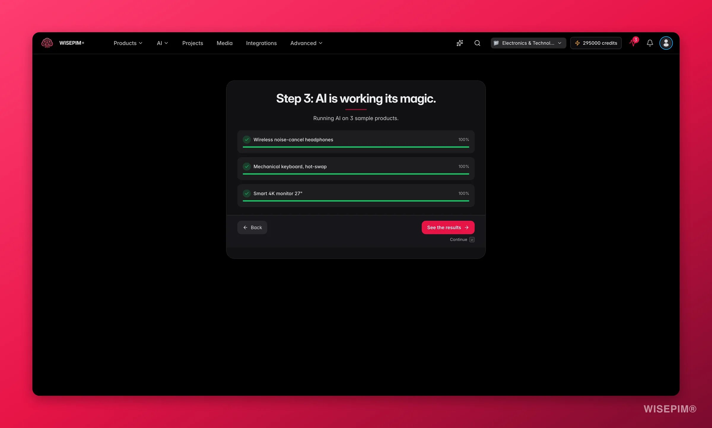 WISEPIM Quick Win, AI enriching sample products live with progress per item