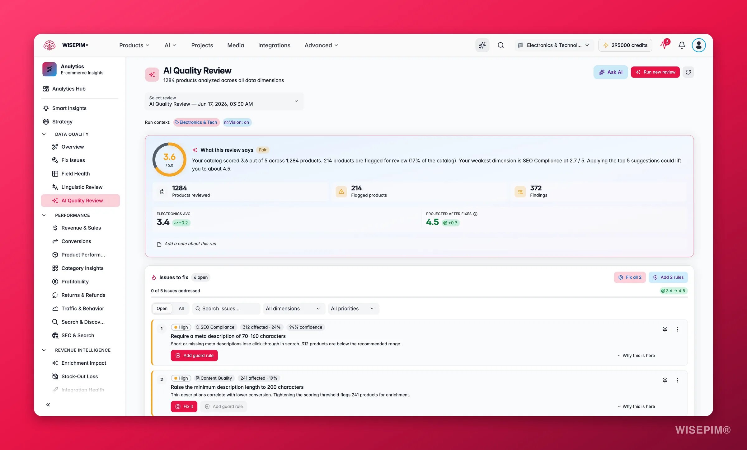 WISEPIM AI-kwaliteitsreview die de catalogus scoort op datakwaliteitsdimensies met fixes in één klik
