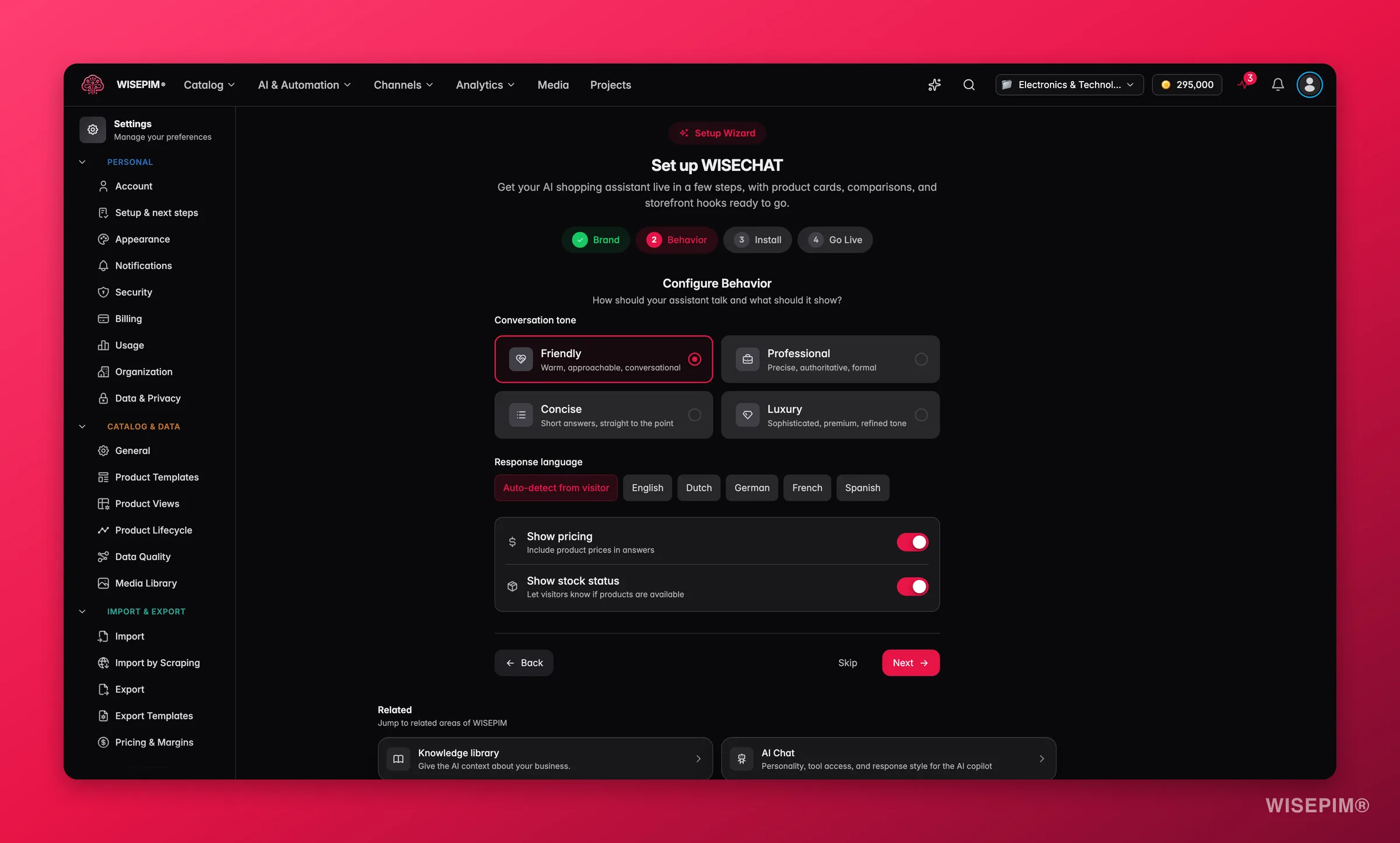WISEPIM WISECHAT setup - behavior step with pricing/stock toggles and assistant tone