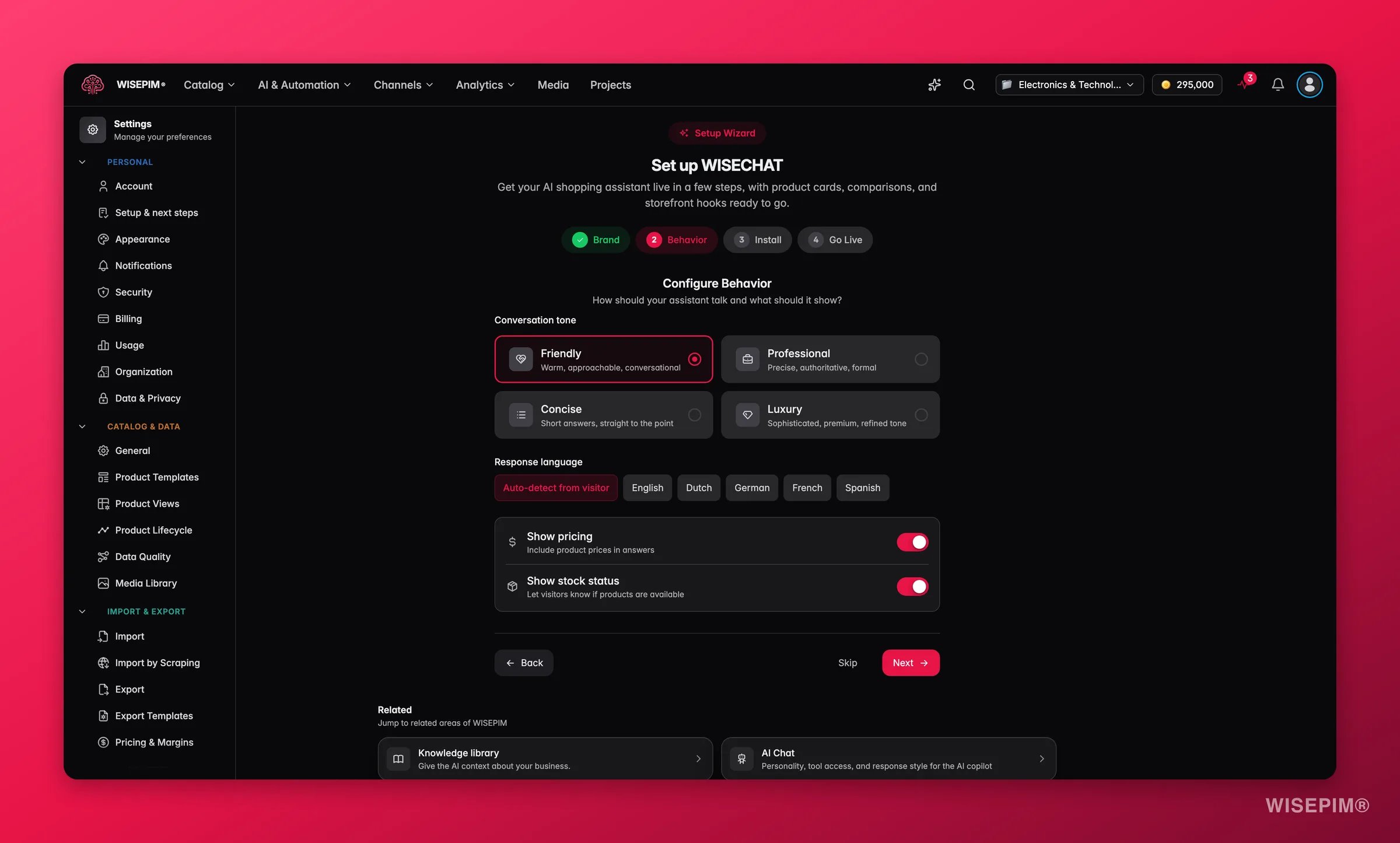 WISEPIM WISECHAT setup - behavior step with pricing/stock toggles and assistant tone