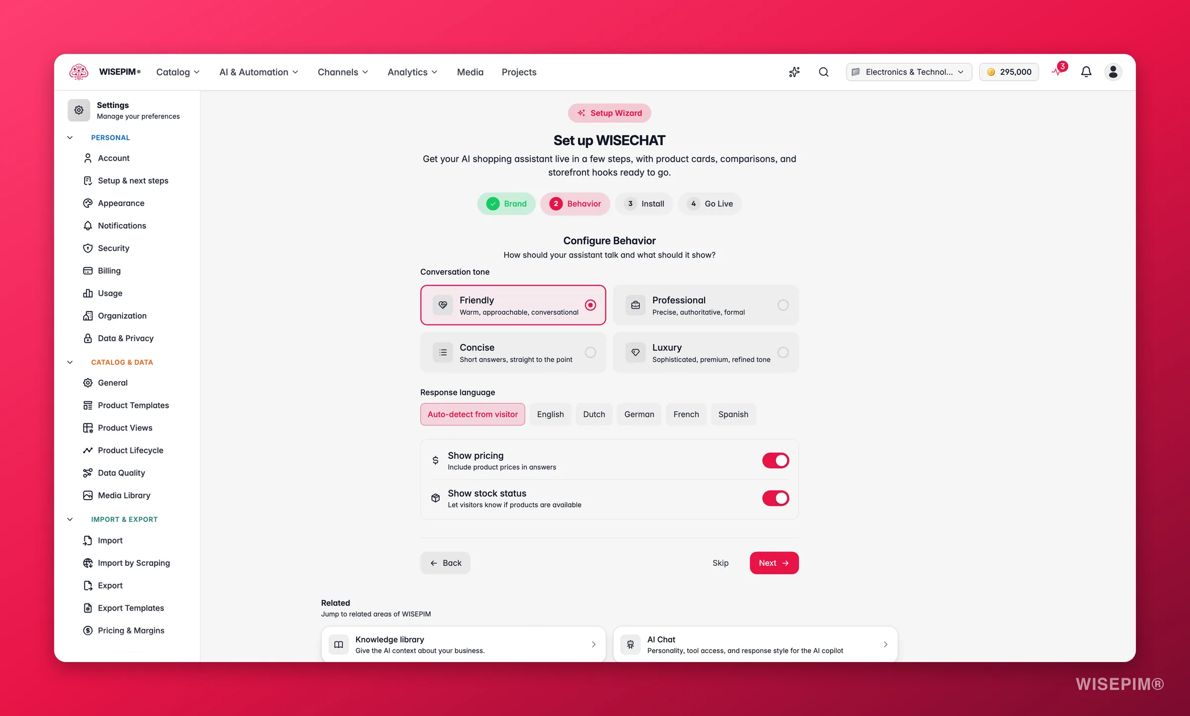 WISEPIM WISECHAT setup - behavior step with pricing/stock toggles and assistant tone