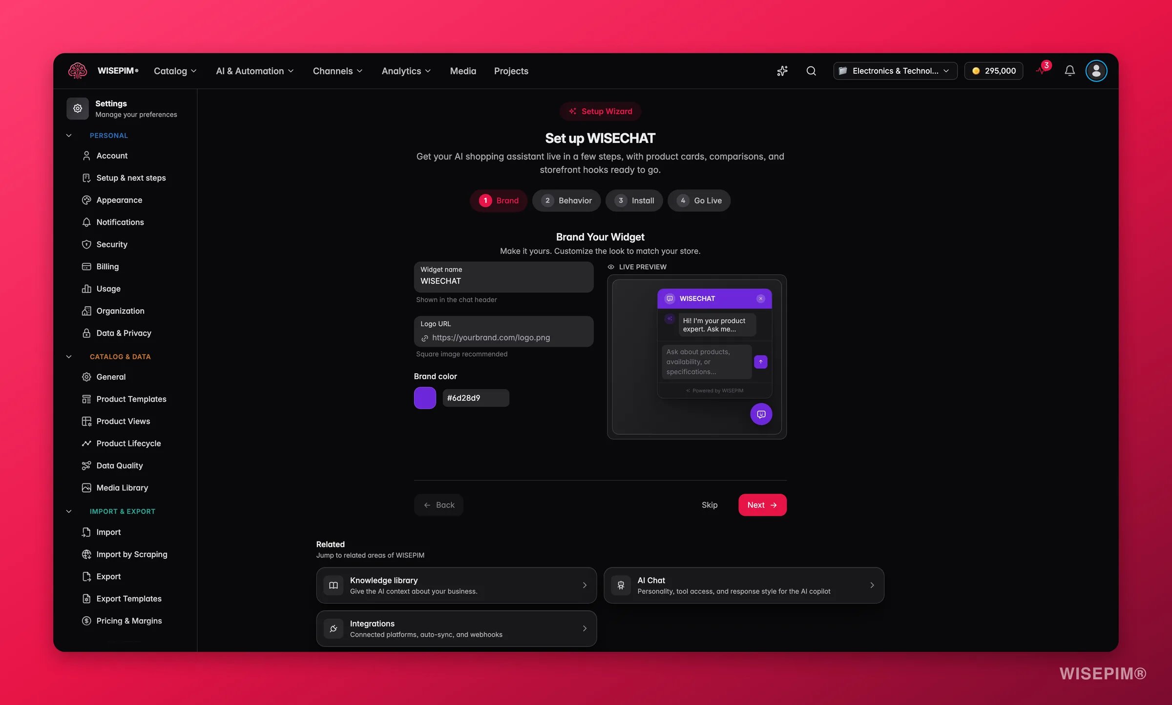 WISEPIM WISECHAT setup wizard with a live preview of the storefront AI shopping assistant