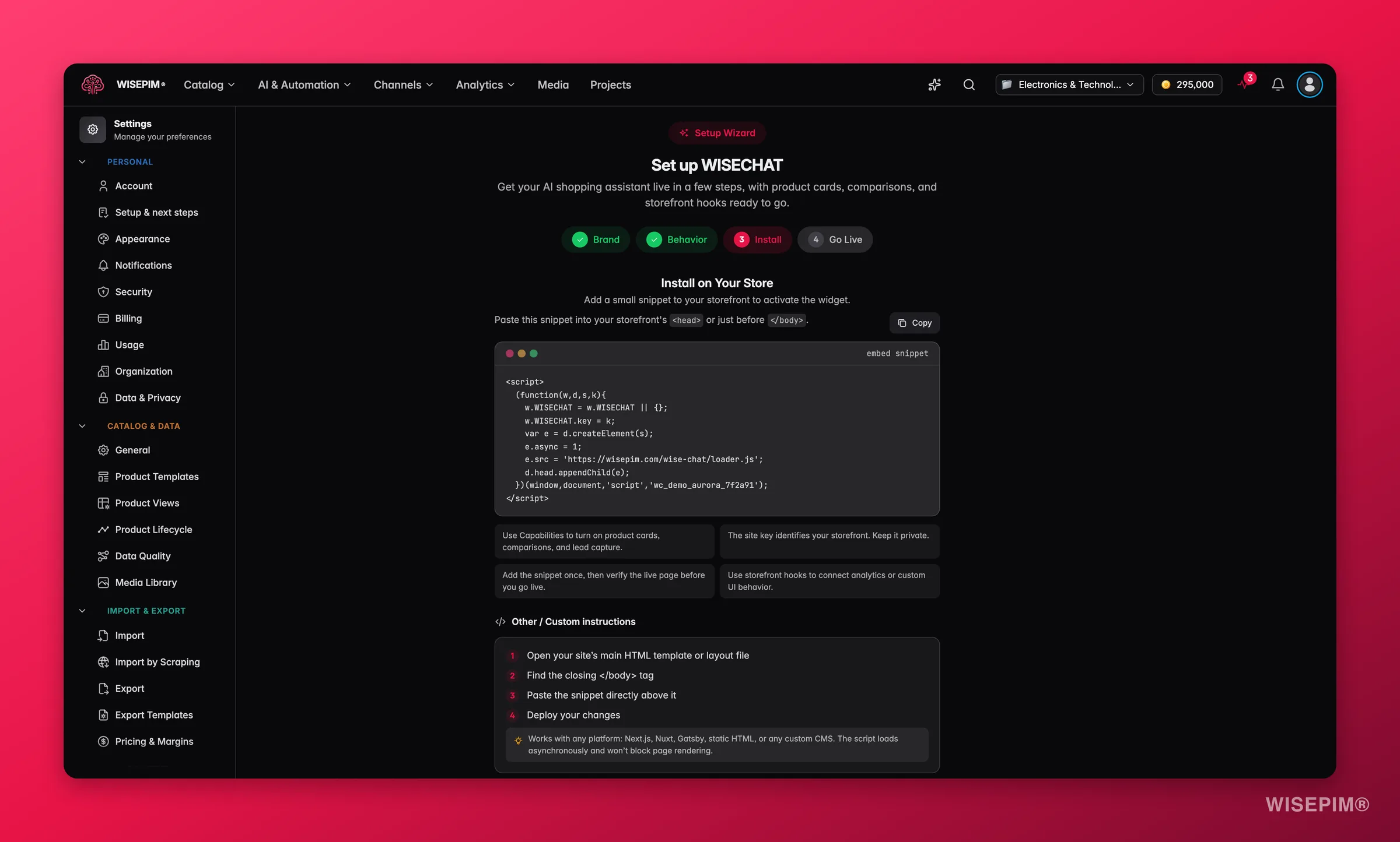 WISEPIM WISECHAT setup - install step with the embed snippet and per-platform install guide