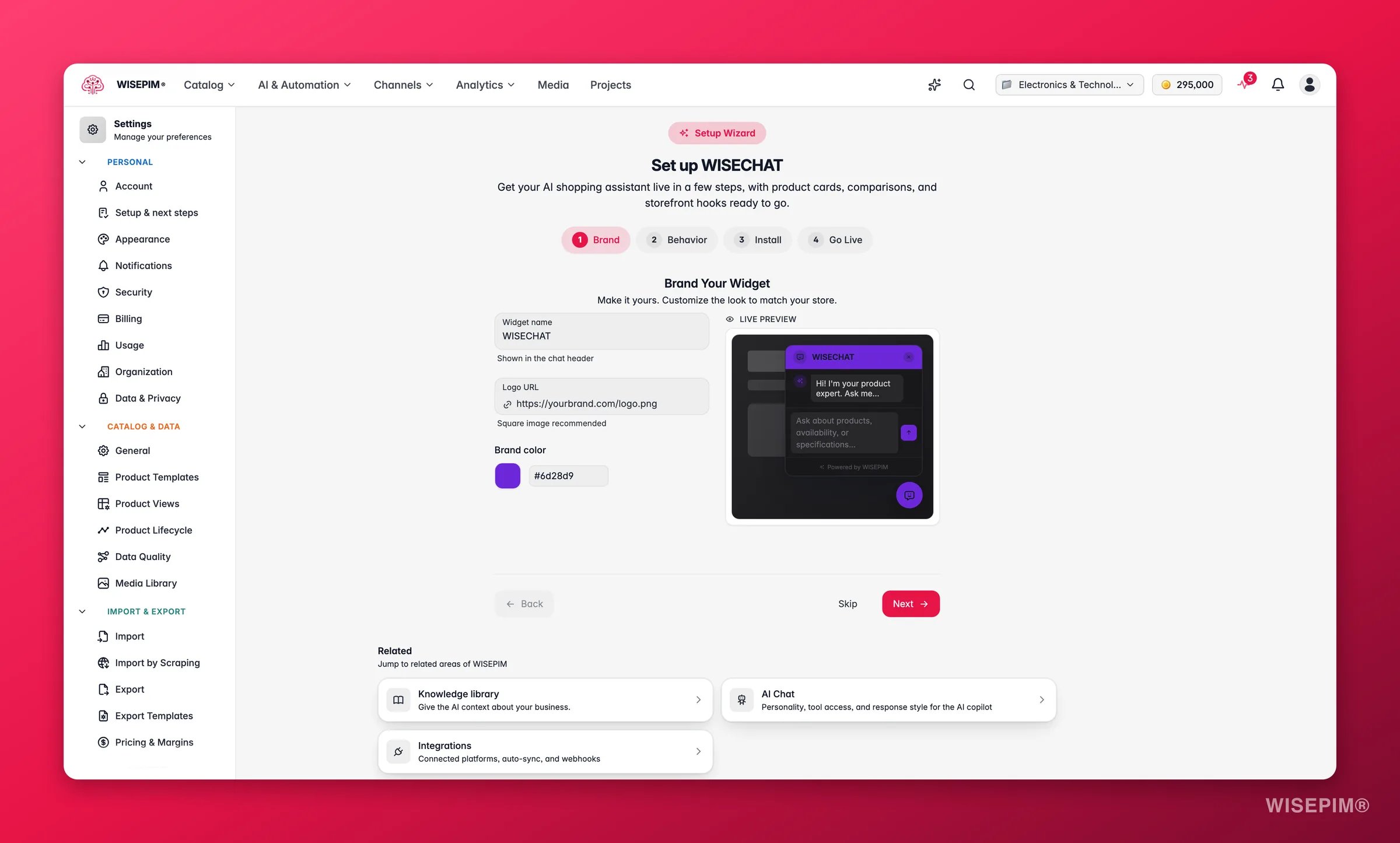 WISEPIM WISECHAT setup wizard with a live preview of the storefront AI shopping assistant
