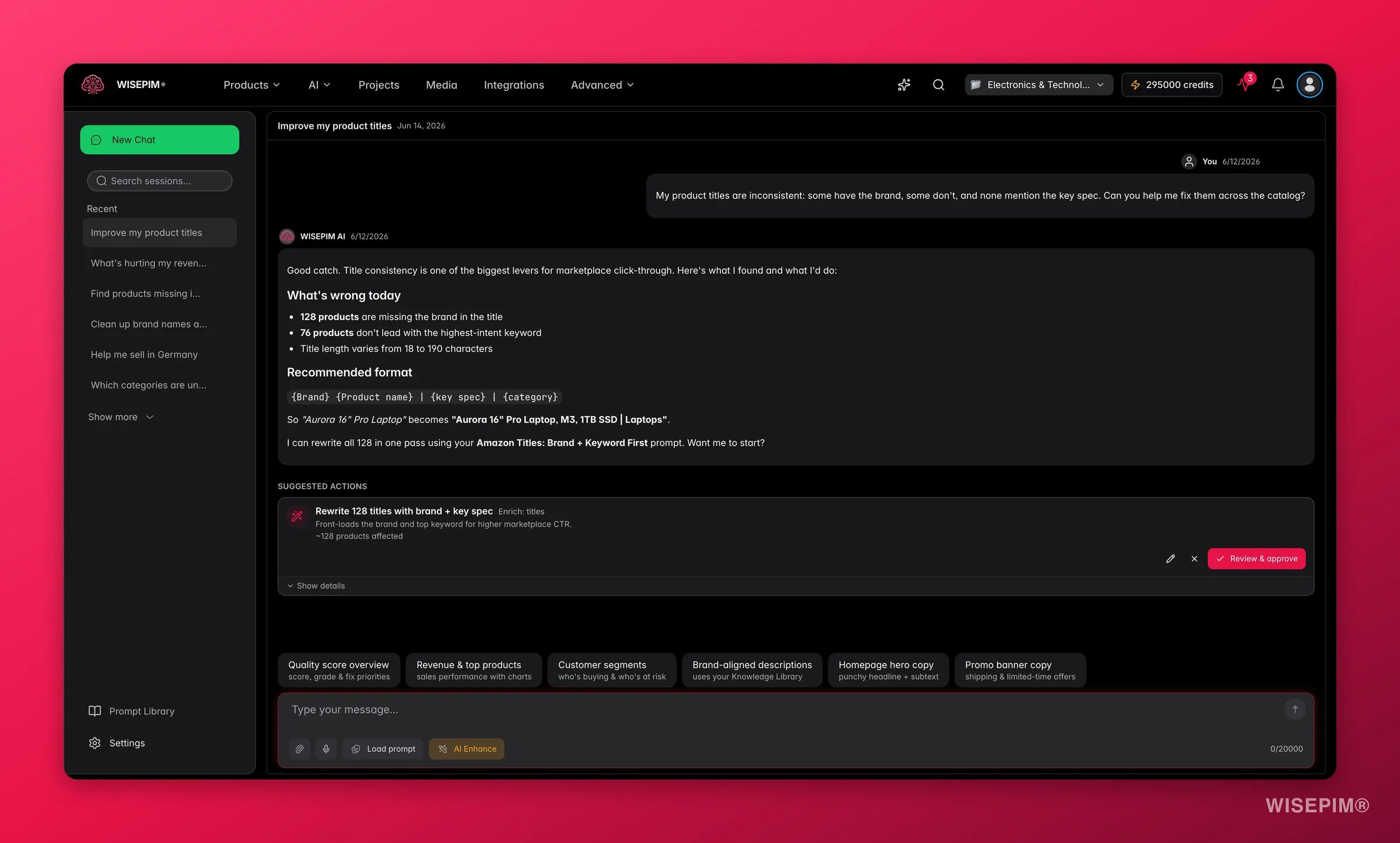 WISEPIM AI Chat diagnosing inconsistent product titles and proposing a one-click fix across the catalog