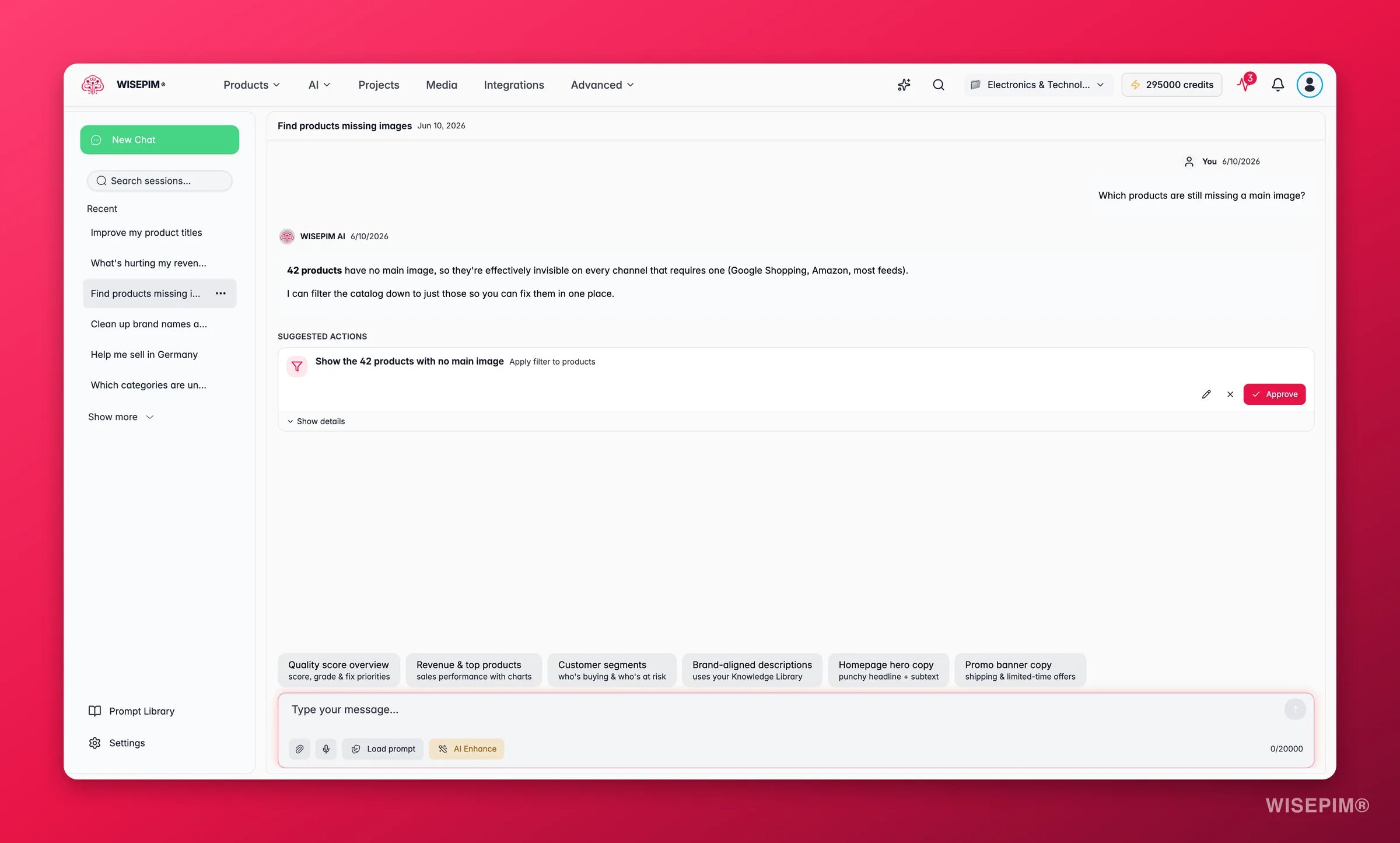 WISEPIM AI Chat finding 42 products with no main image and proposing a one-click filter to show just those products