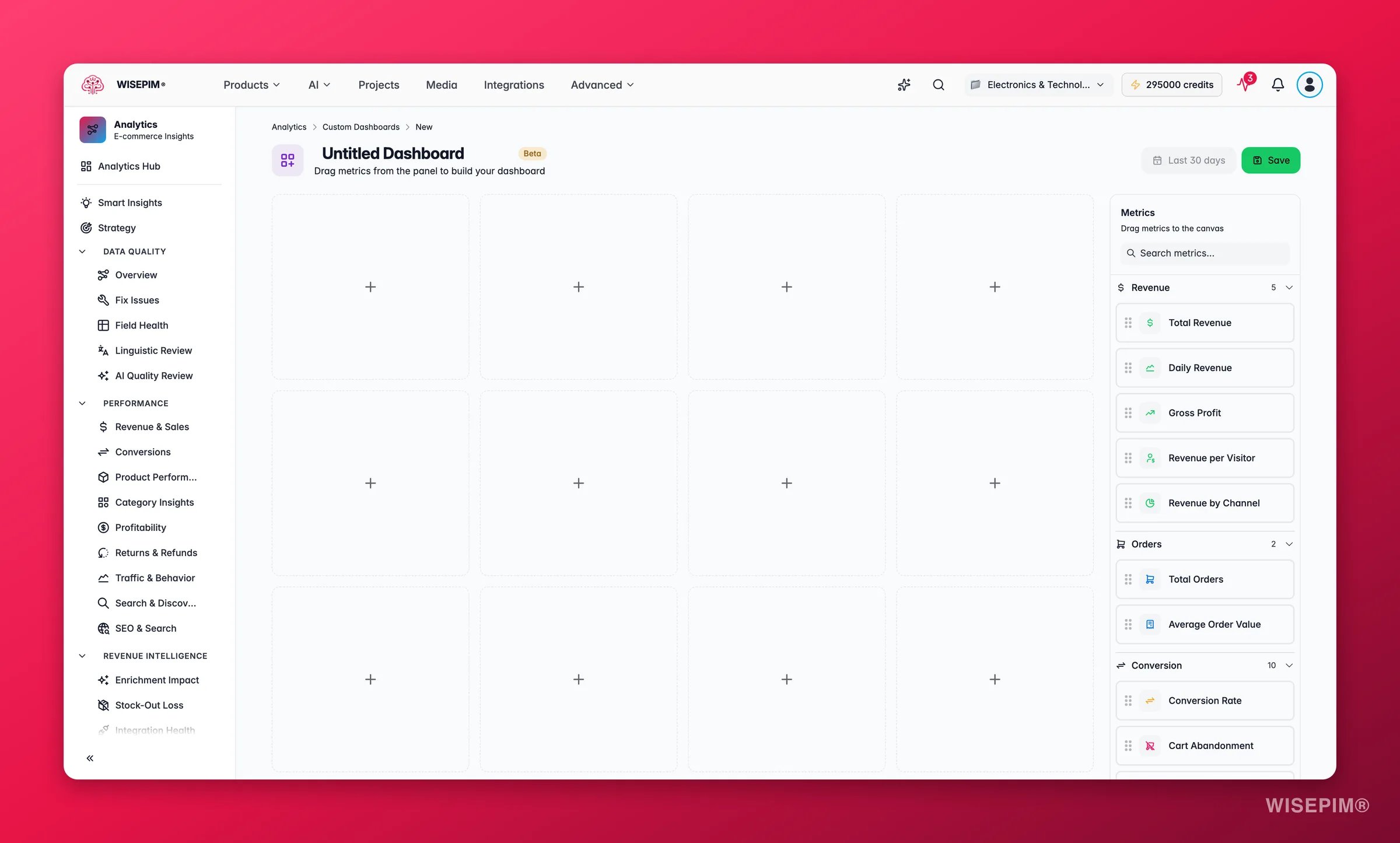 WISEPIM custom dashboard builder with a blank canvas and the metric widget palette