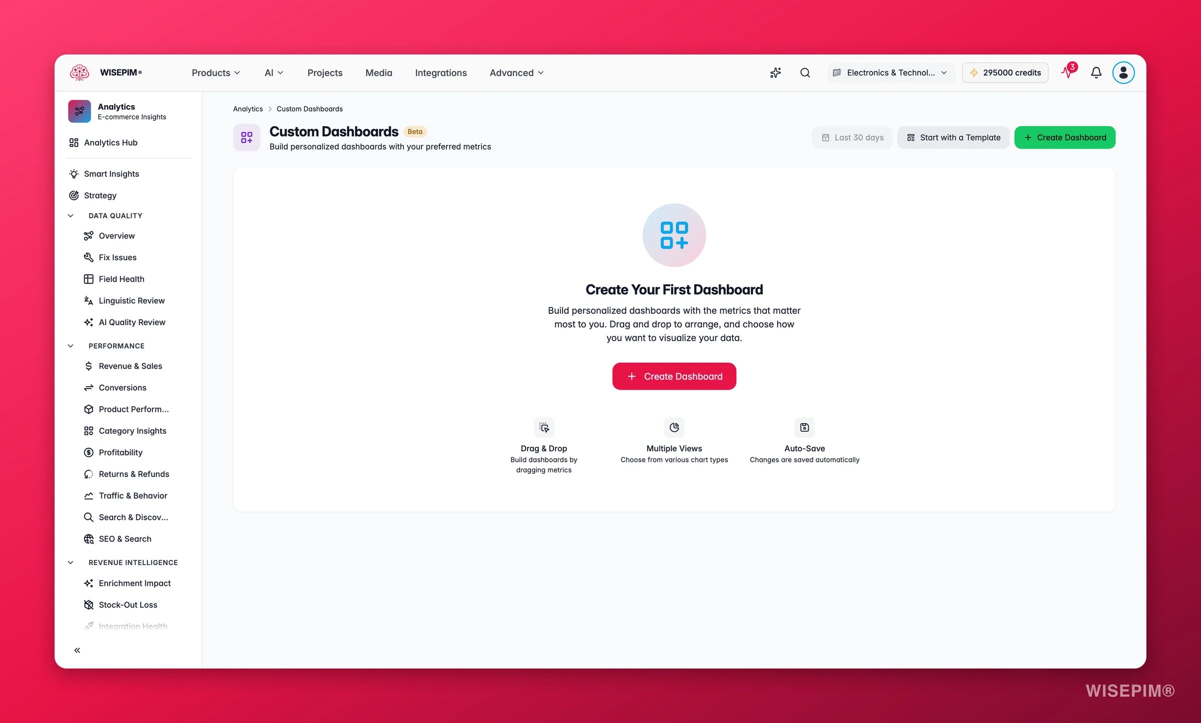 WISEPIM custom analytics dashboards built from catalog and revenue widgets