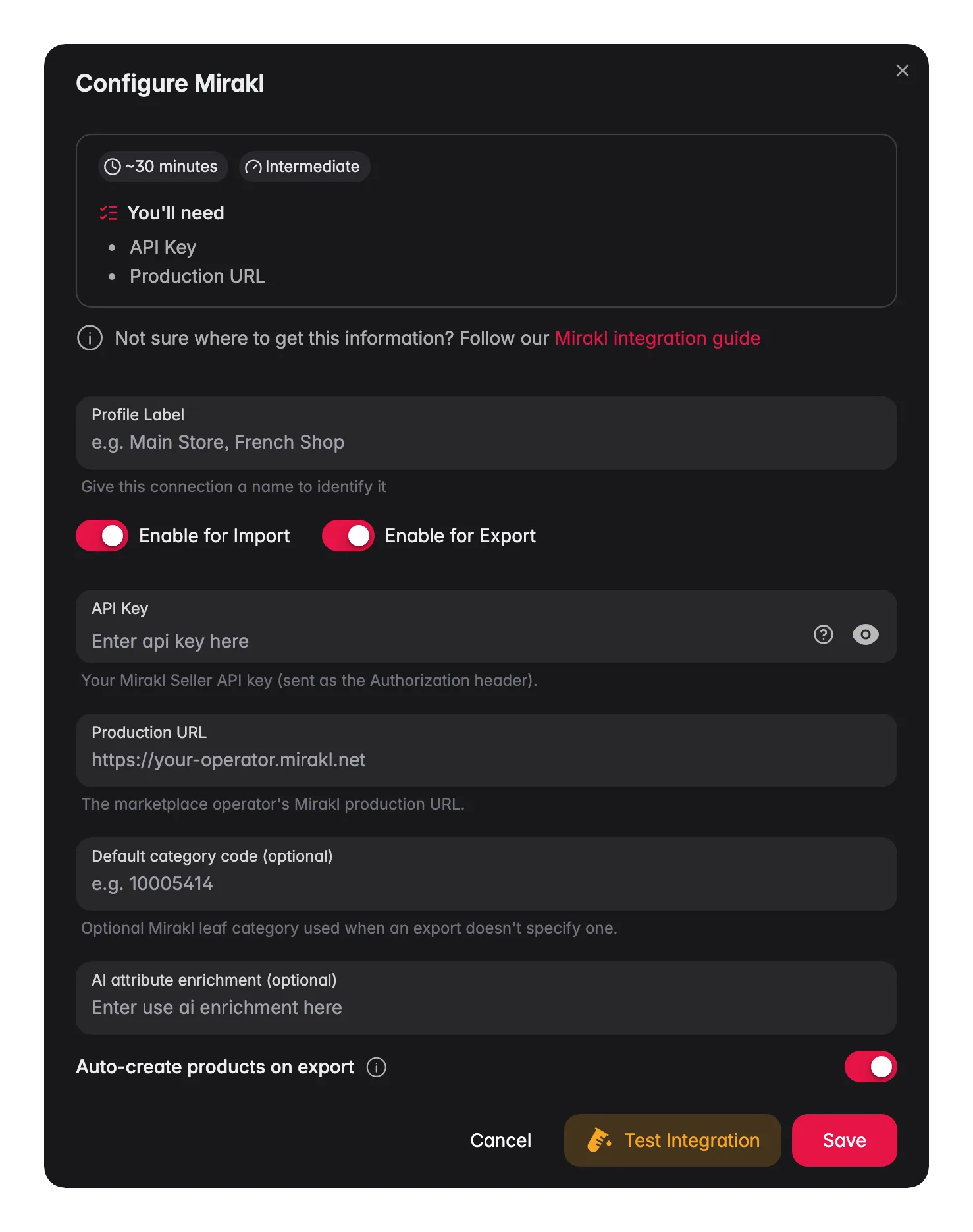 Conectando Mirakl a WISEPIM - credenciales, asignación de idiomas y una prueba de conexión en vivo