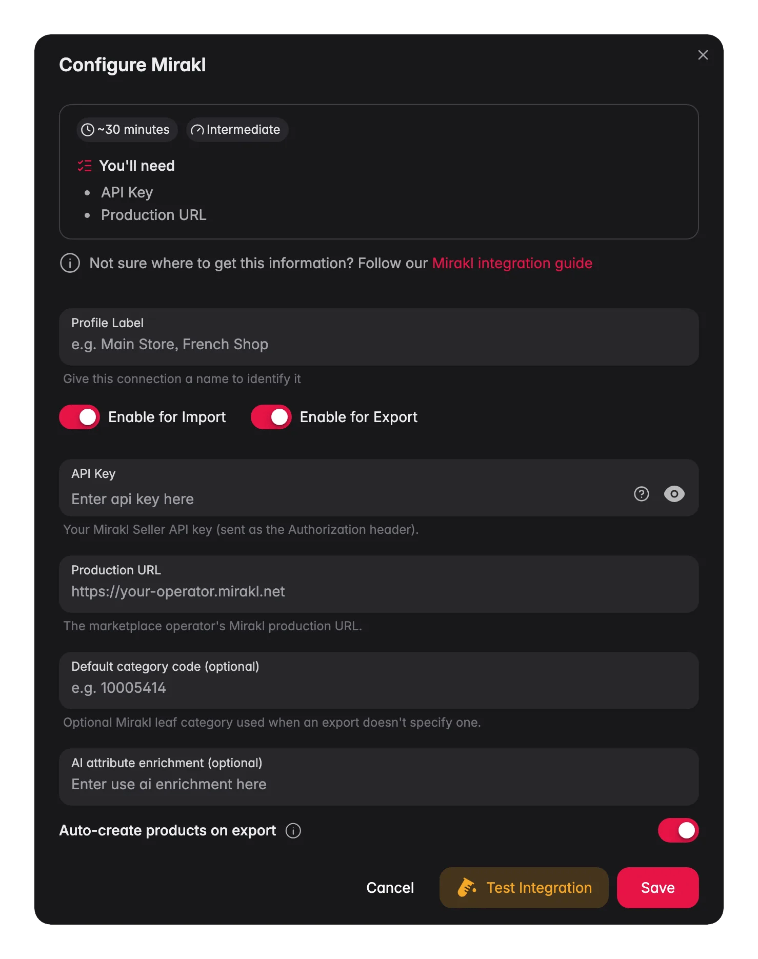 Conectando Mirakl a WISEPIM - credenciales, asignación de idiomas y una prueba de conexión en vivo