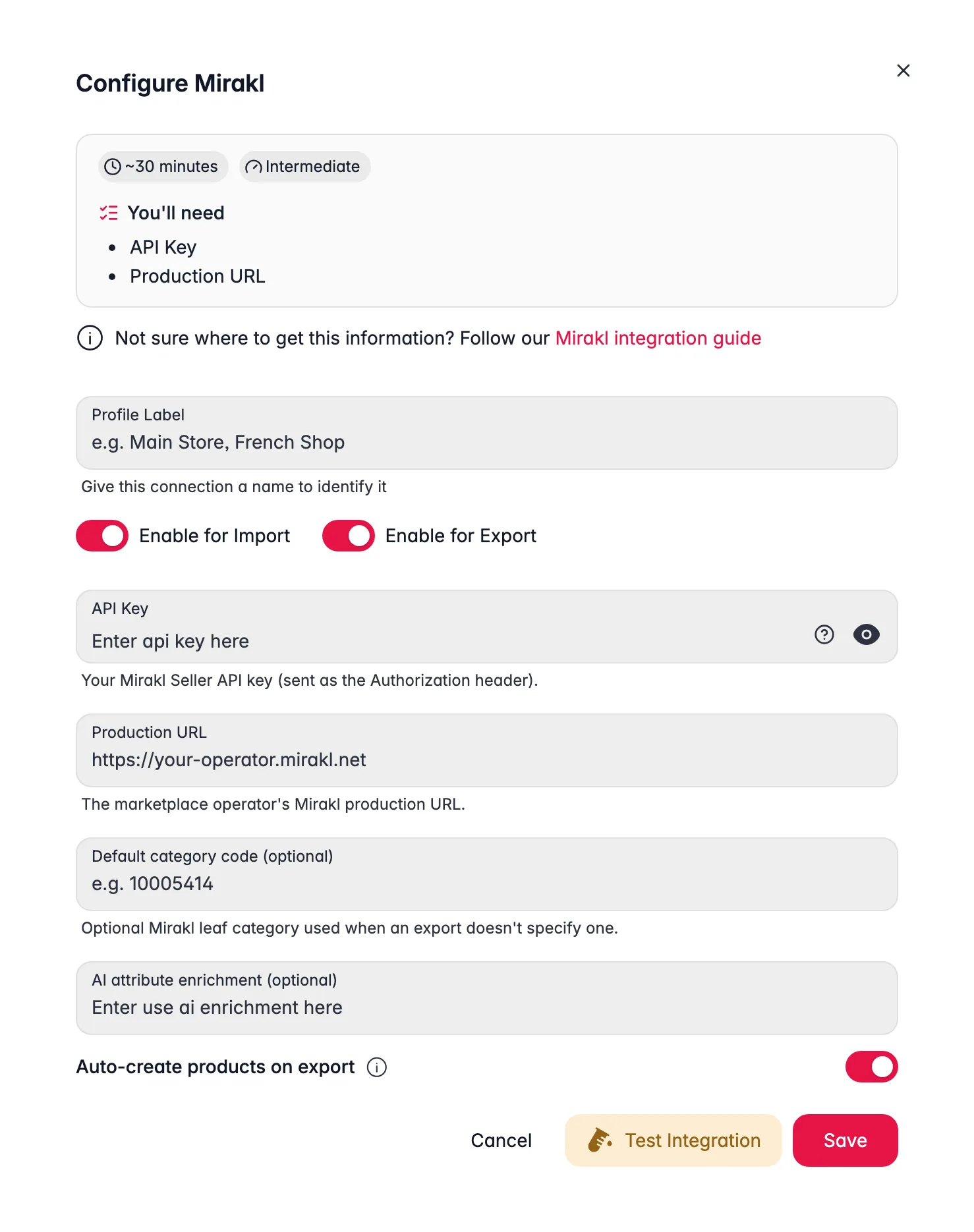 Conectando Mirakl a WISEPIM - credenciales, asignación de idiomas y una prueba de conexión en vivo