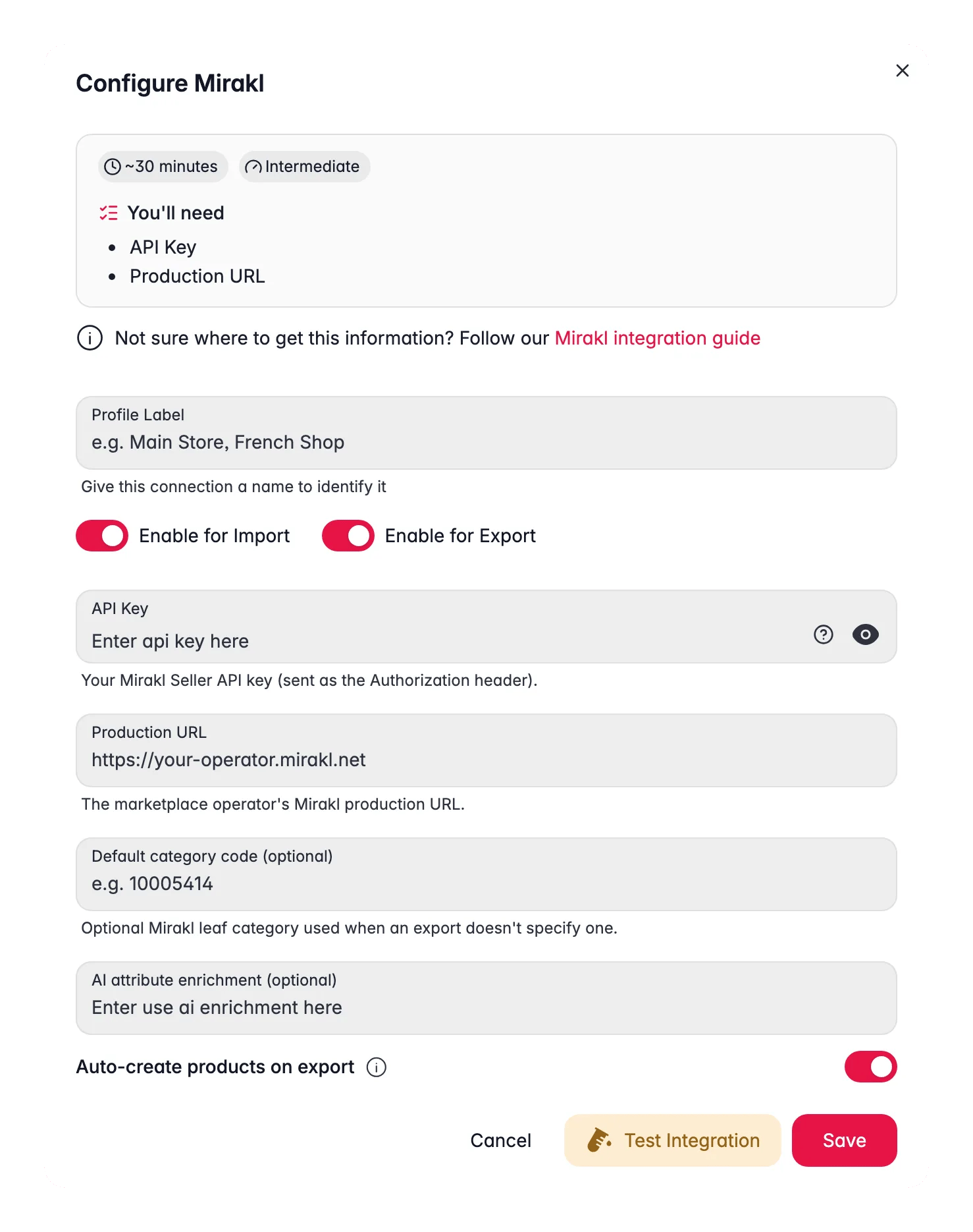 Conectando Mirakl a WISEPIM - credenciales, asignación de idiomas y una prueba de conexión en vivo