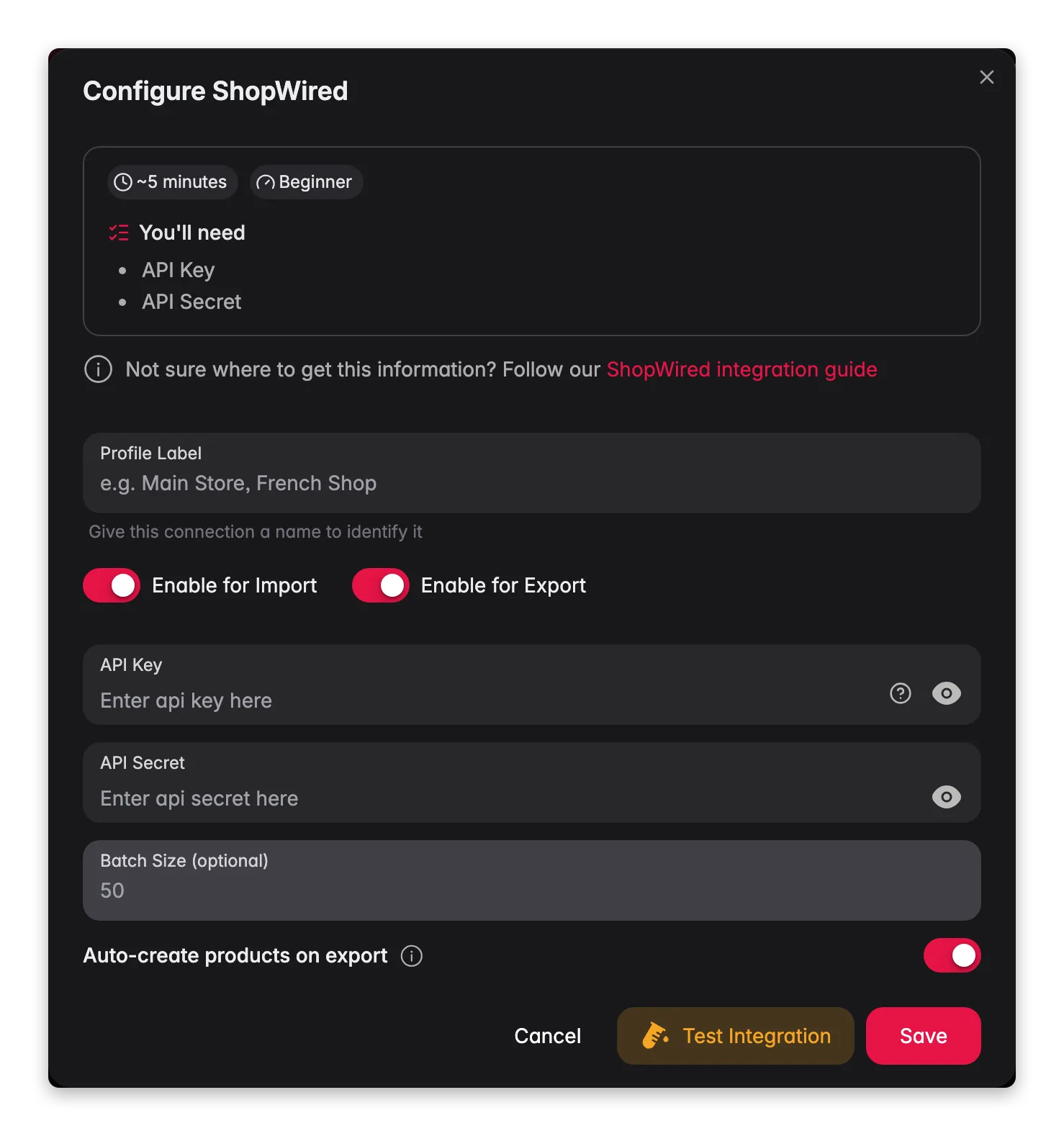 Configuración de ShopWired en WISEPIM con nombre del perfil, interruptores de importación y exportación, API key y secreto, tamaño de lote y creación automática al exportar