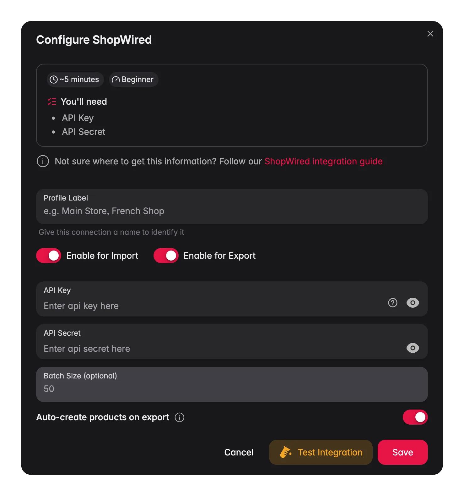 ShopWired in WISEPIM konfigurieren mit Profilname, Import- und Export-Schaltern, API-Key und Secret, Batch-Größe und automatischem Anlegen beim Export