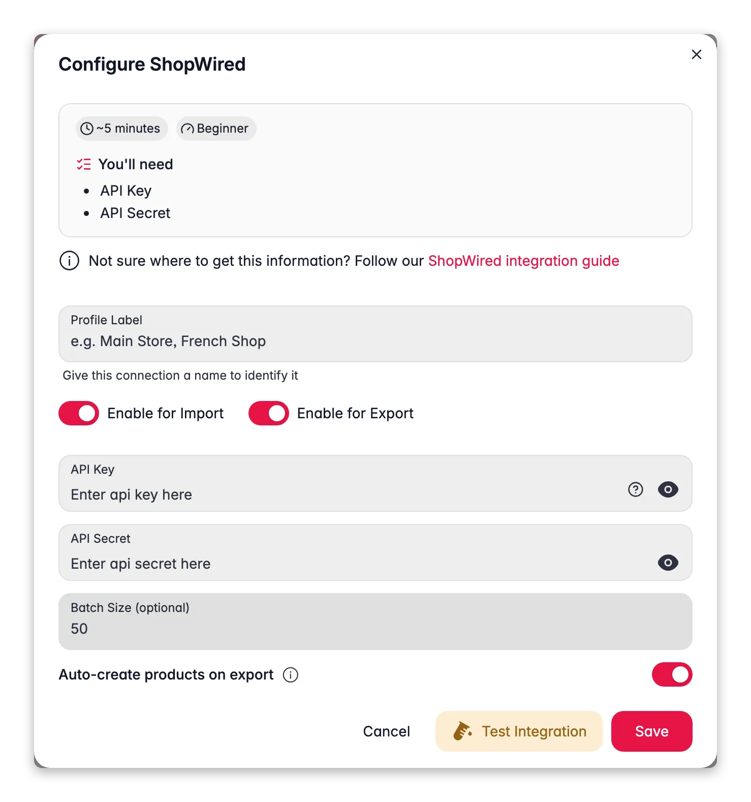 Configuración de ShopWired en WISEPIM con nombre del perfil, interruptores de importación y exportación, API key y secreto, tamaño de lote y creación automática al exportar