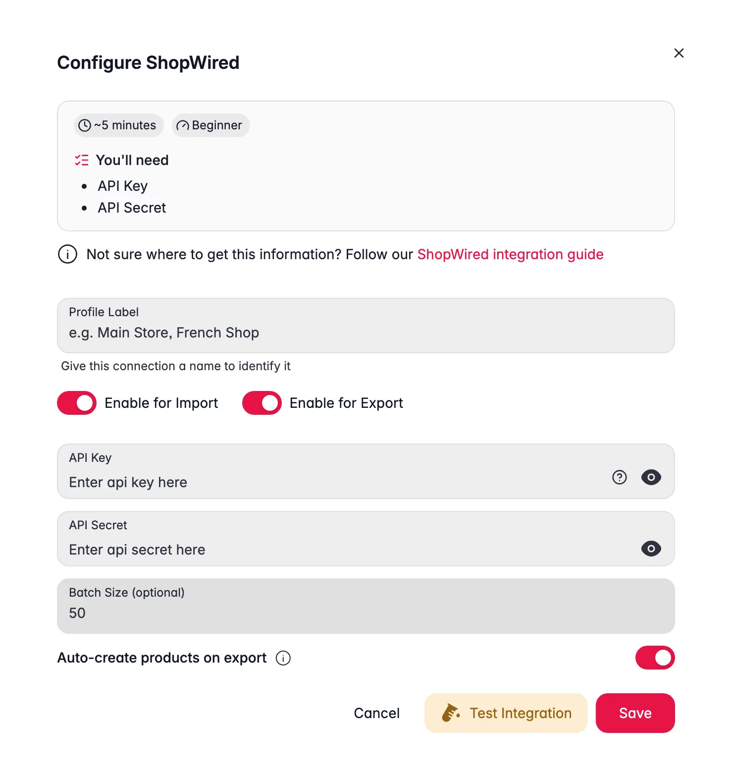 ShopWired in WISEPIM konfigurieren mit Profilname, Import- und Export-Schaltern, API-Key und Secret, Batch-Größe und automatischem Anlegen beim Export