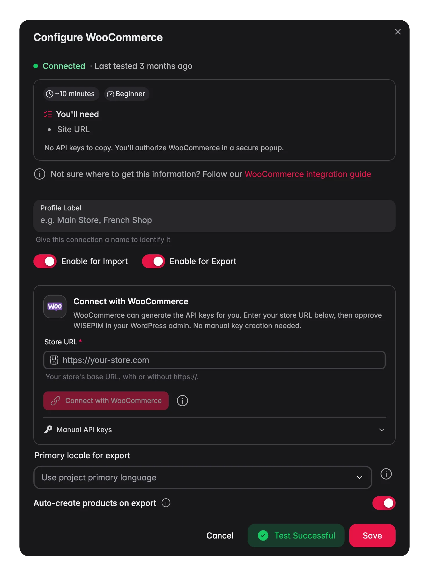 WooCommerce koppelen aan WISEPIM met de één-klik-verbindflow en een live verbindingstest