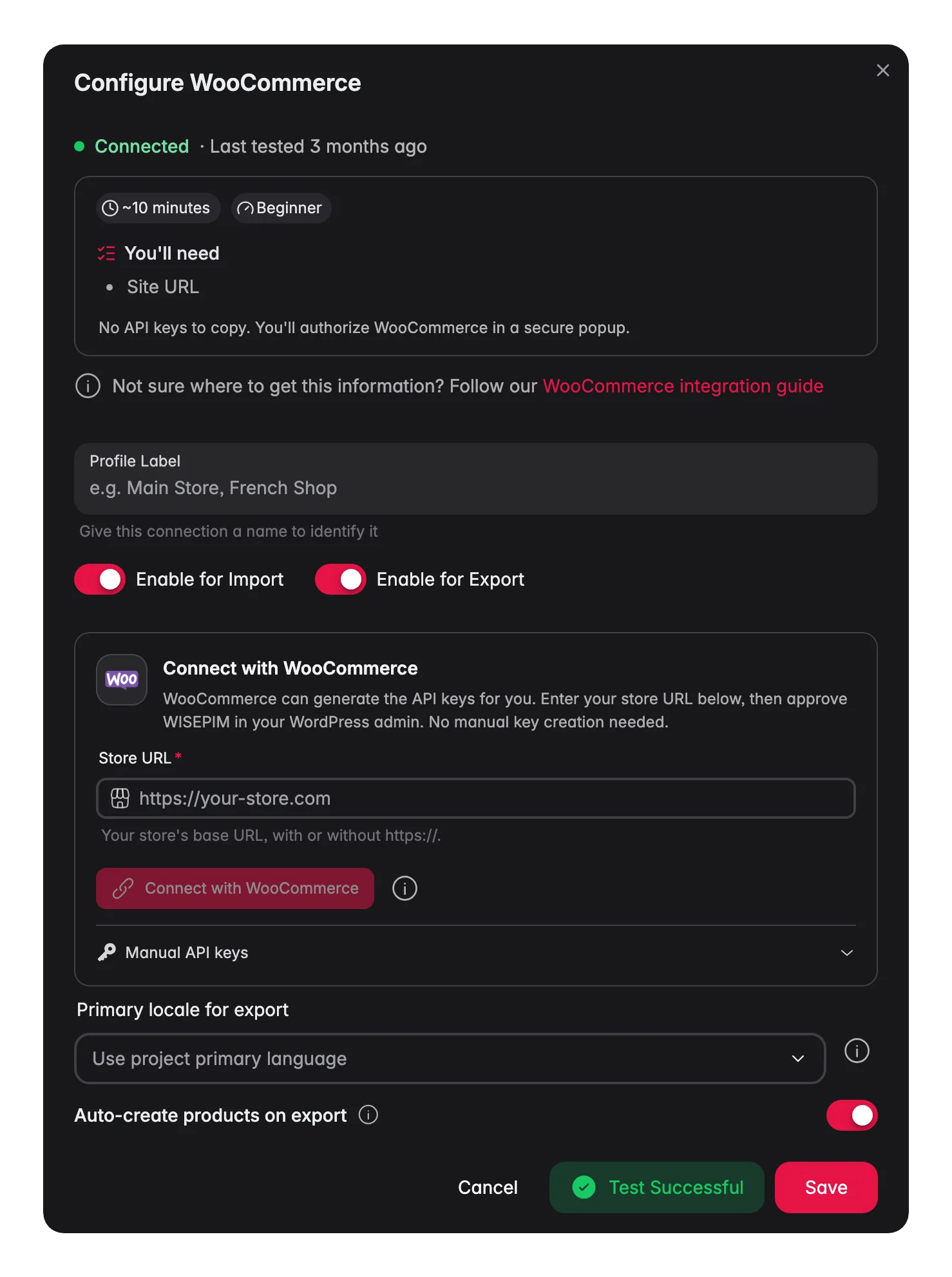 WooCommerce koppelen aan WISEPIM met de één-klik-verbindflow en een live verbindingstest