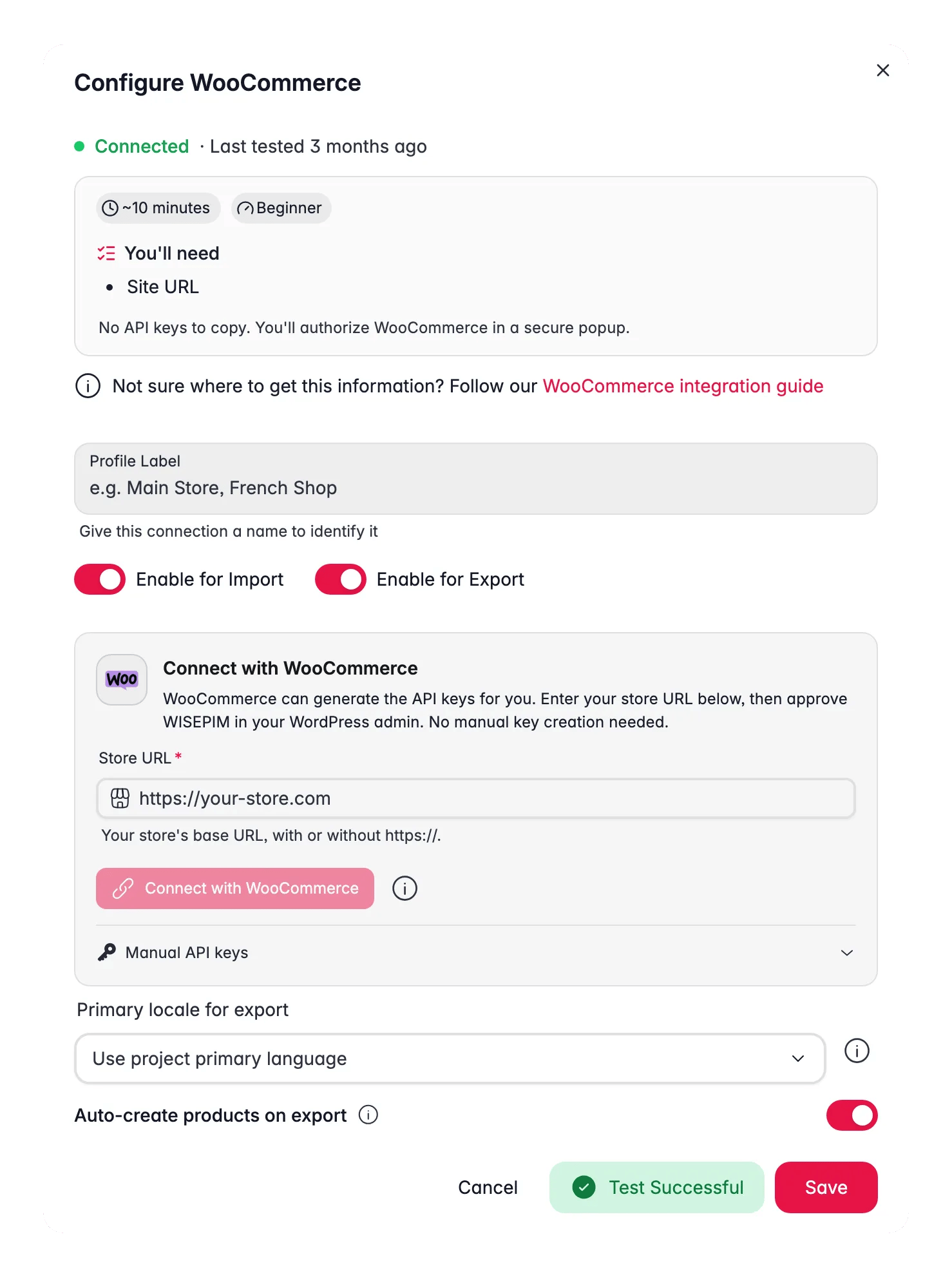 WooCommerce koppelen aan WISEPIM met de één-klik-verbindflow en een live verbindingstest
