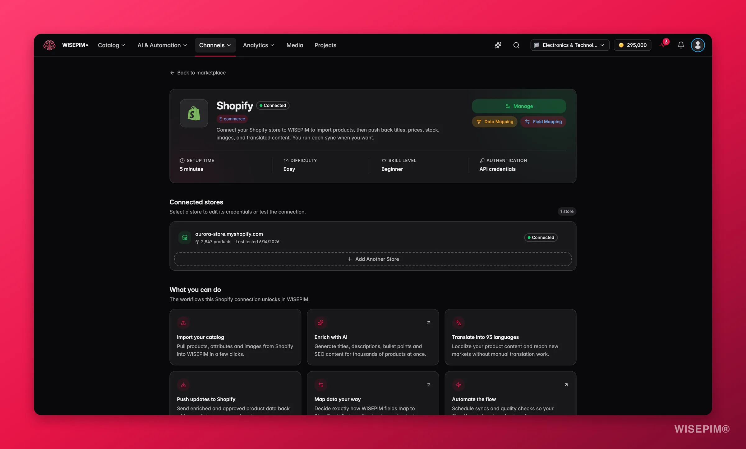 WISEPIM app marketplace detail page for the Shopify integration with capabilities, setup info and connected stores