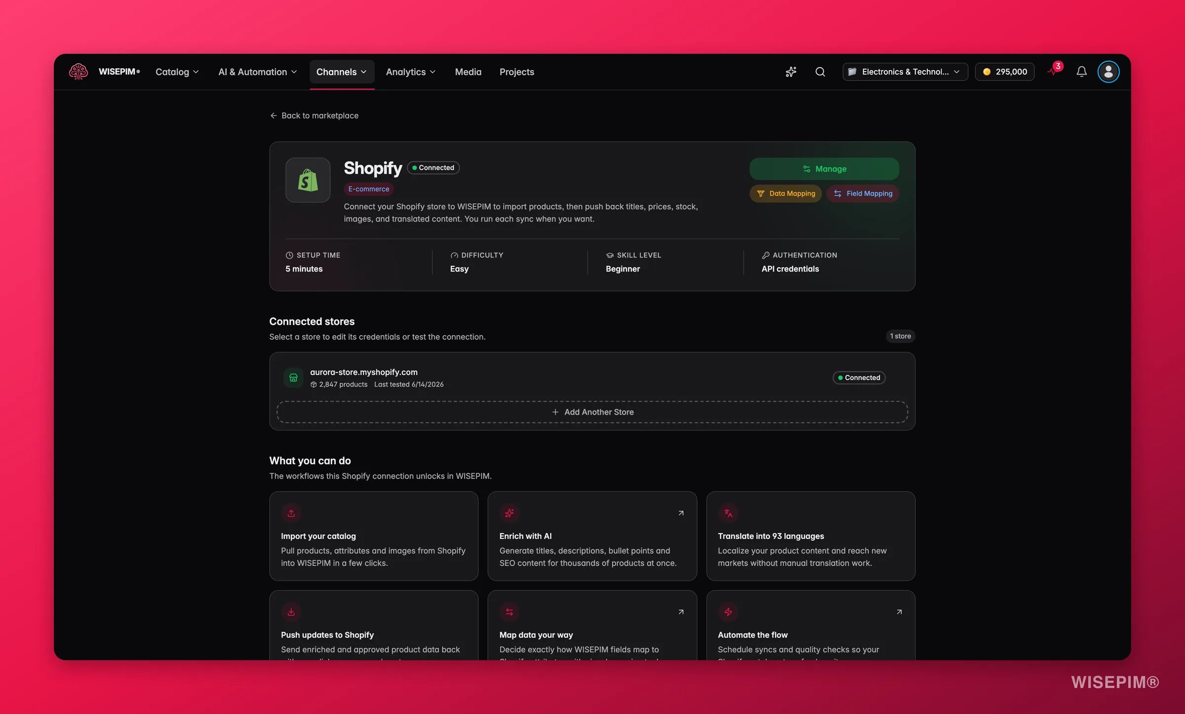 WISEPIM app marketplace detail page for the Shopify integration with capabilities, setup info and connected stores
