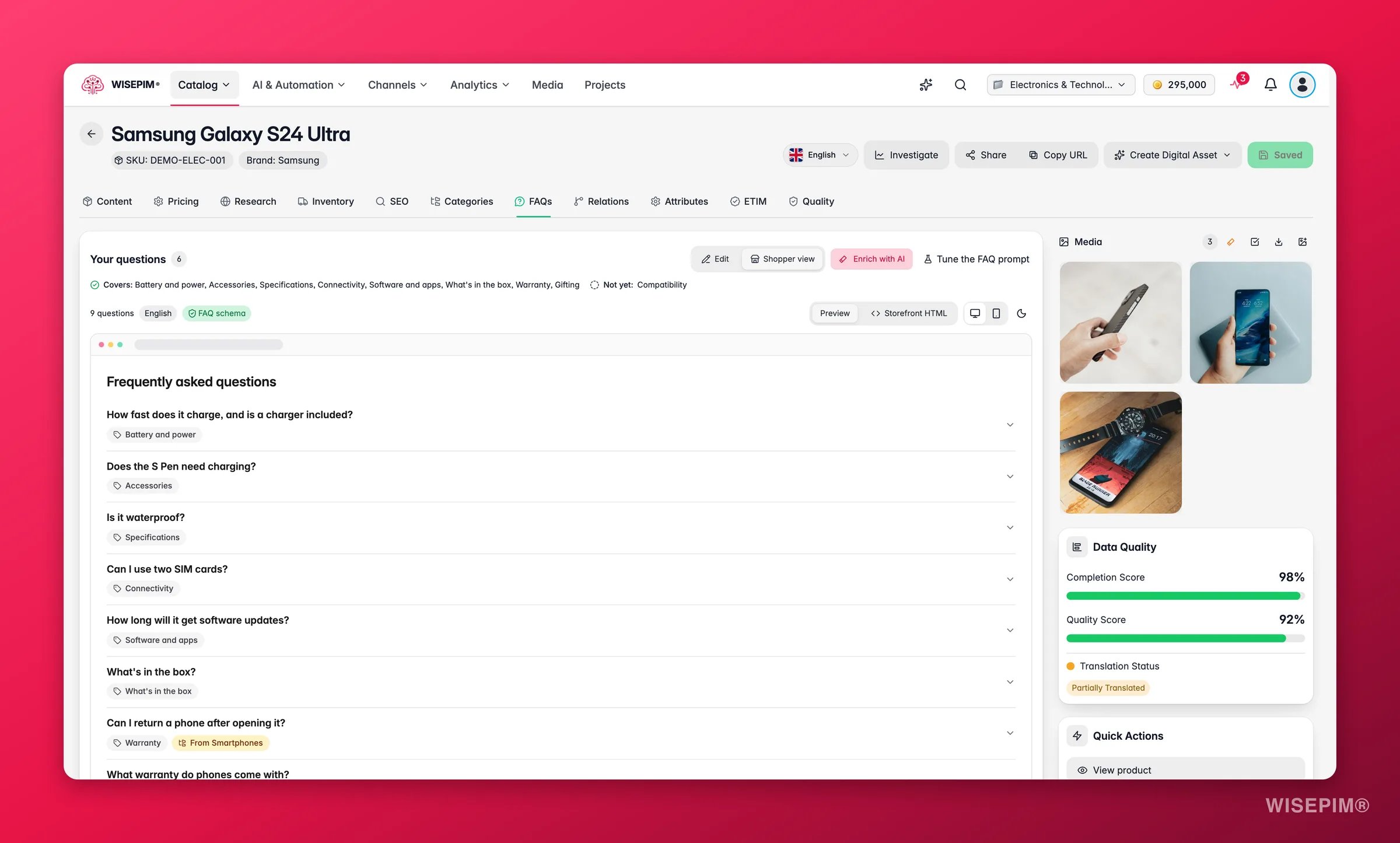 Shopper view of the FAQs tab showing the storefront FAQ block with a Frequently asked questions heading, accordion questions and a FAQ schema badge
