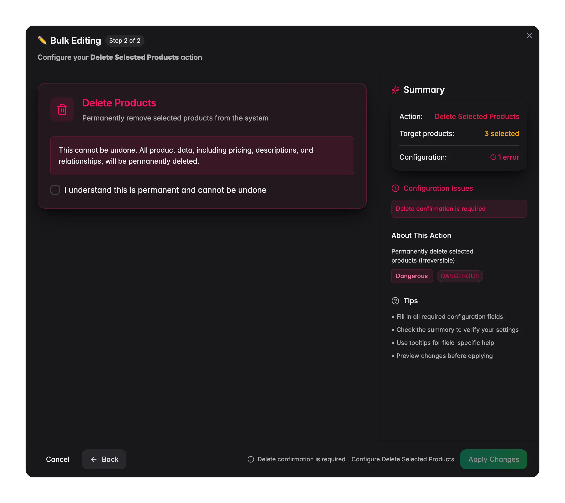 Edición masiva - la confirmación de eliminación con el número de productos en WISEPIM
