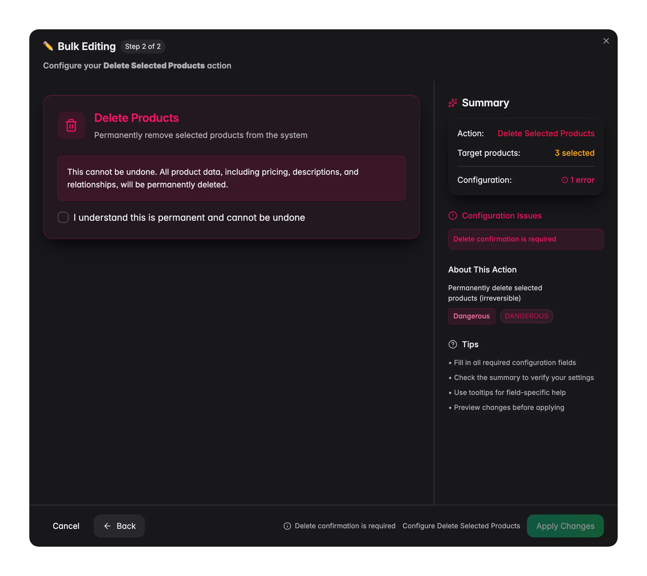 Edición masiva - la confirmación de eliminación con el número de productos en WISEPIM