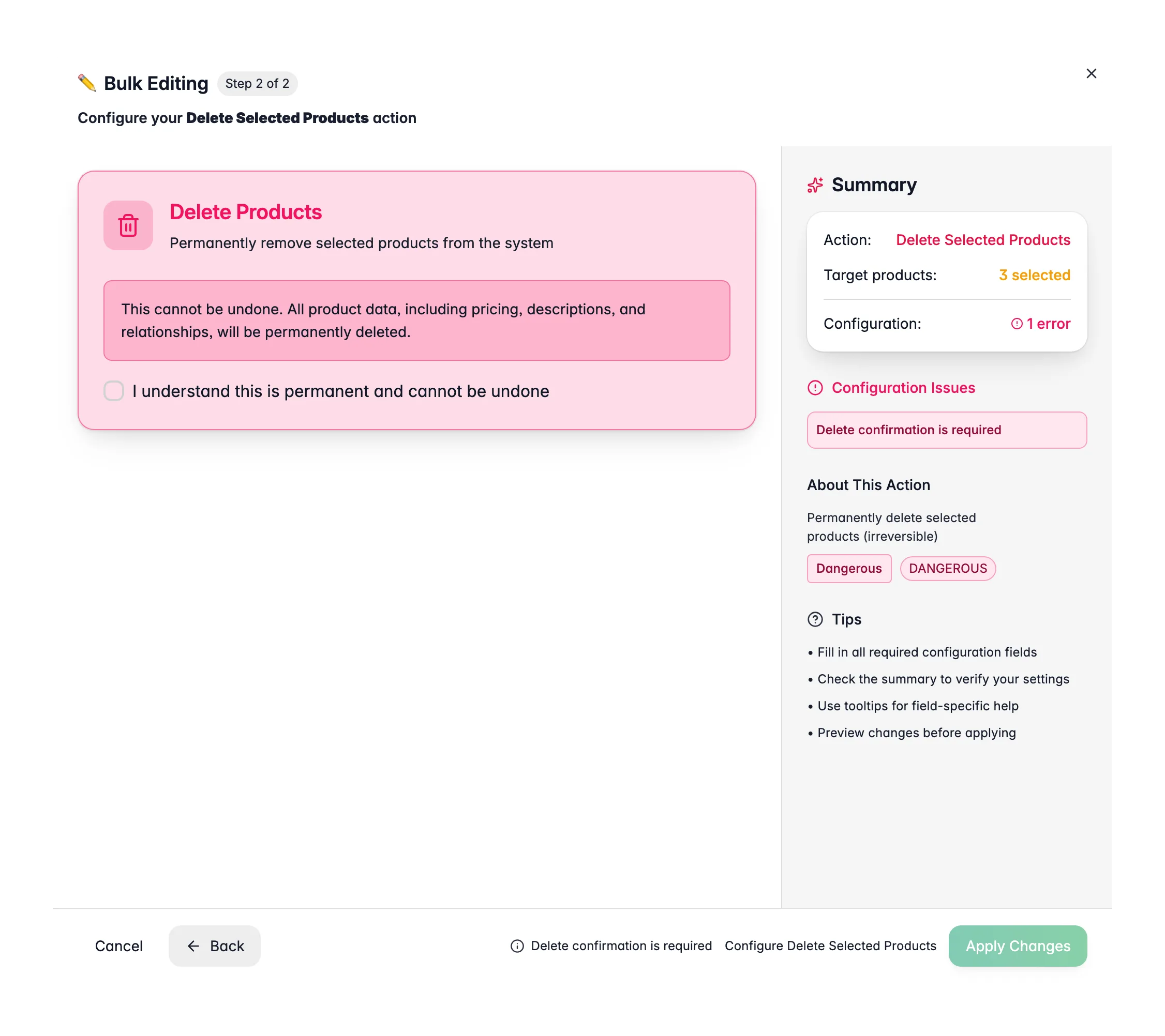 Edición masiva - la confirmación de eliminación con el número de productos en WISEPIM