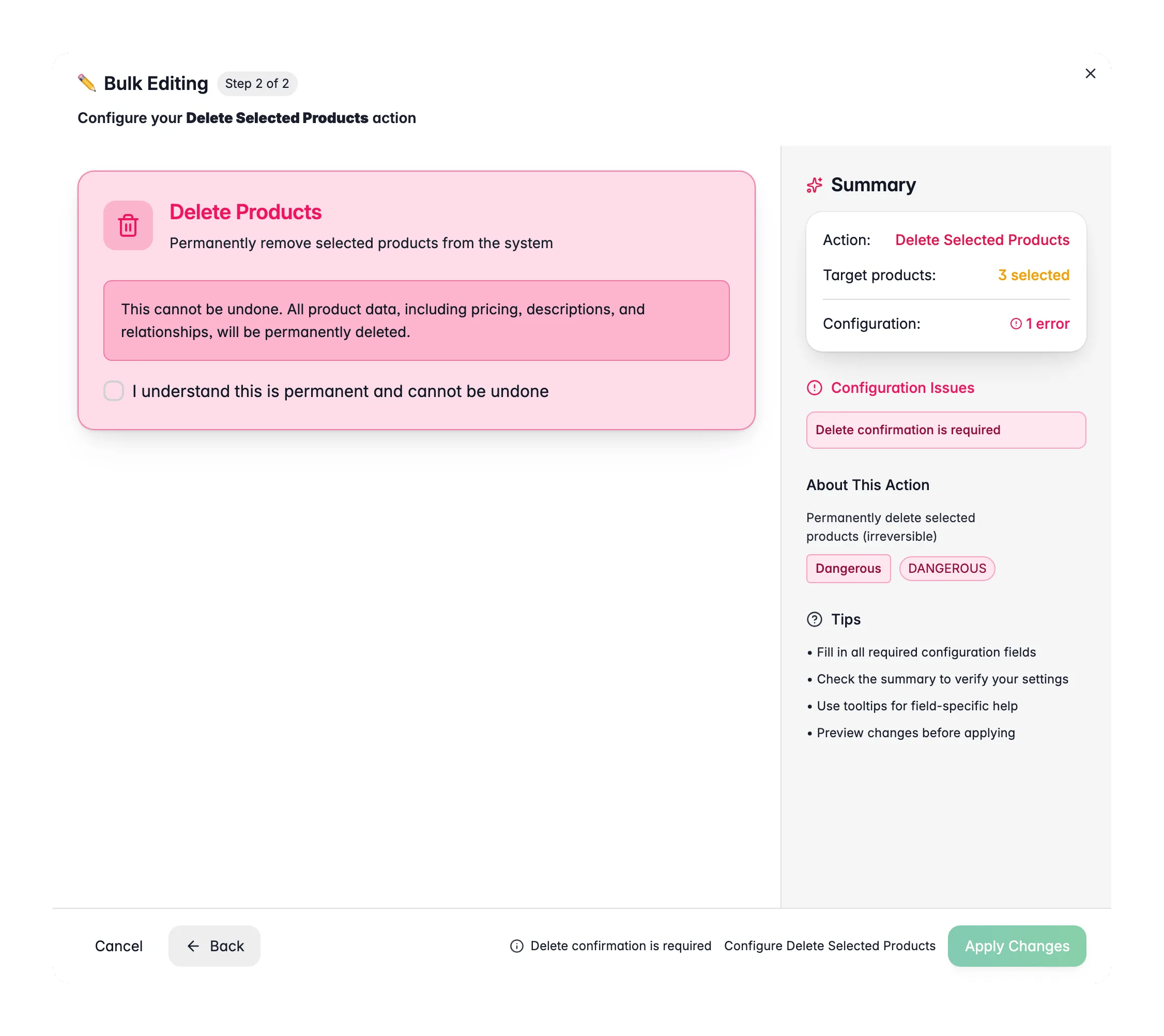 Edición masiva - la confirmación de eliminación con el número de productos en WISEPIM