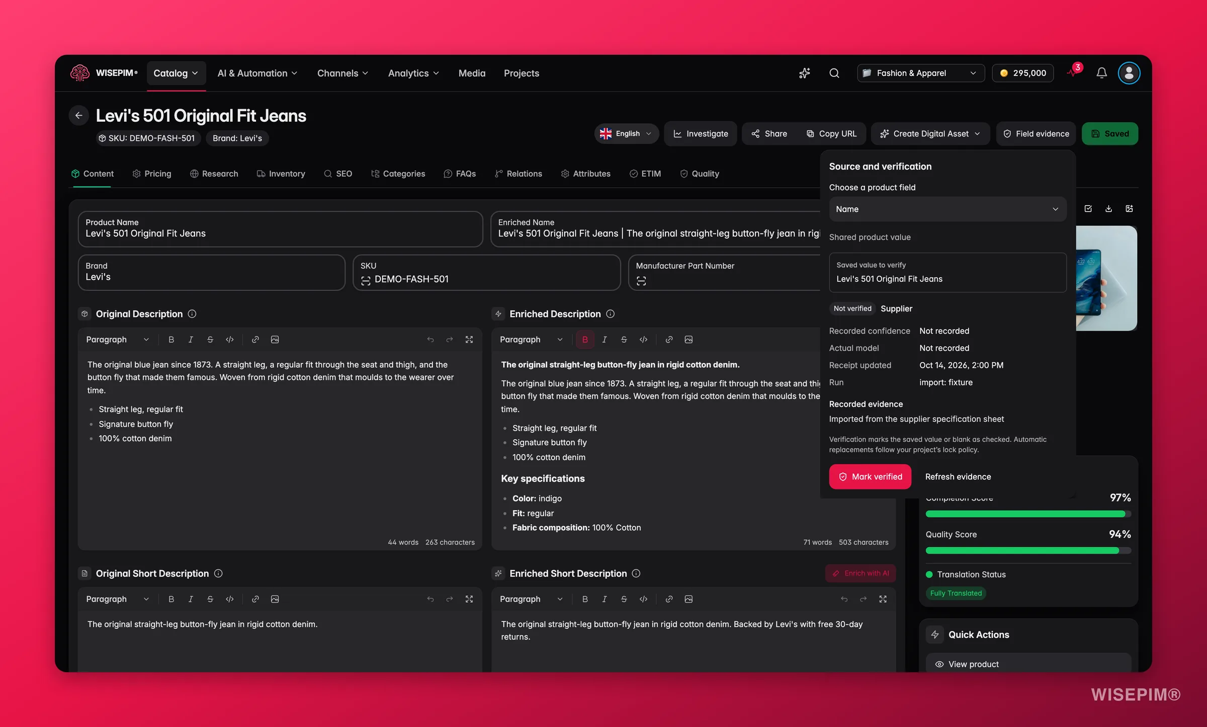 Editor de productos de WISEPIM con el panel Fuente y verificación abierto en el campo Nombre, que muestra el valor guardado, una etiqueta Sin verificar, Proveedor como fuente, las evidencias registradas y el botón Marcar como verificado
