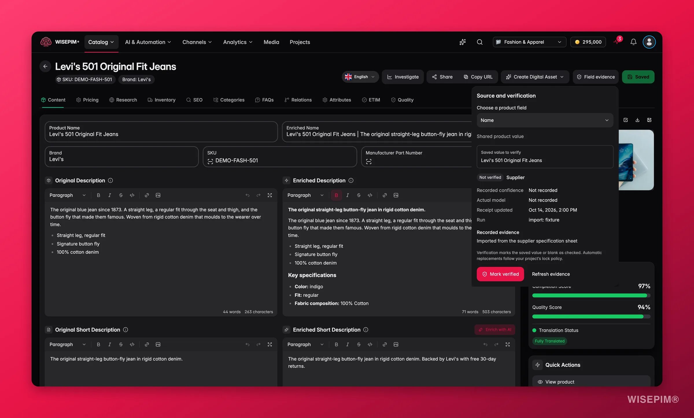 WISEPIM-Produkteditor mit geöffnetem Panel Quelle und Verifizierung für das Feld Name, mit dem gespeicherten Wert, einem Chip Nicht verifiziert, Lieferant als Quelle, den erfassten Nachweisen und dem Button Als verifiziert markieren