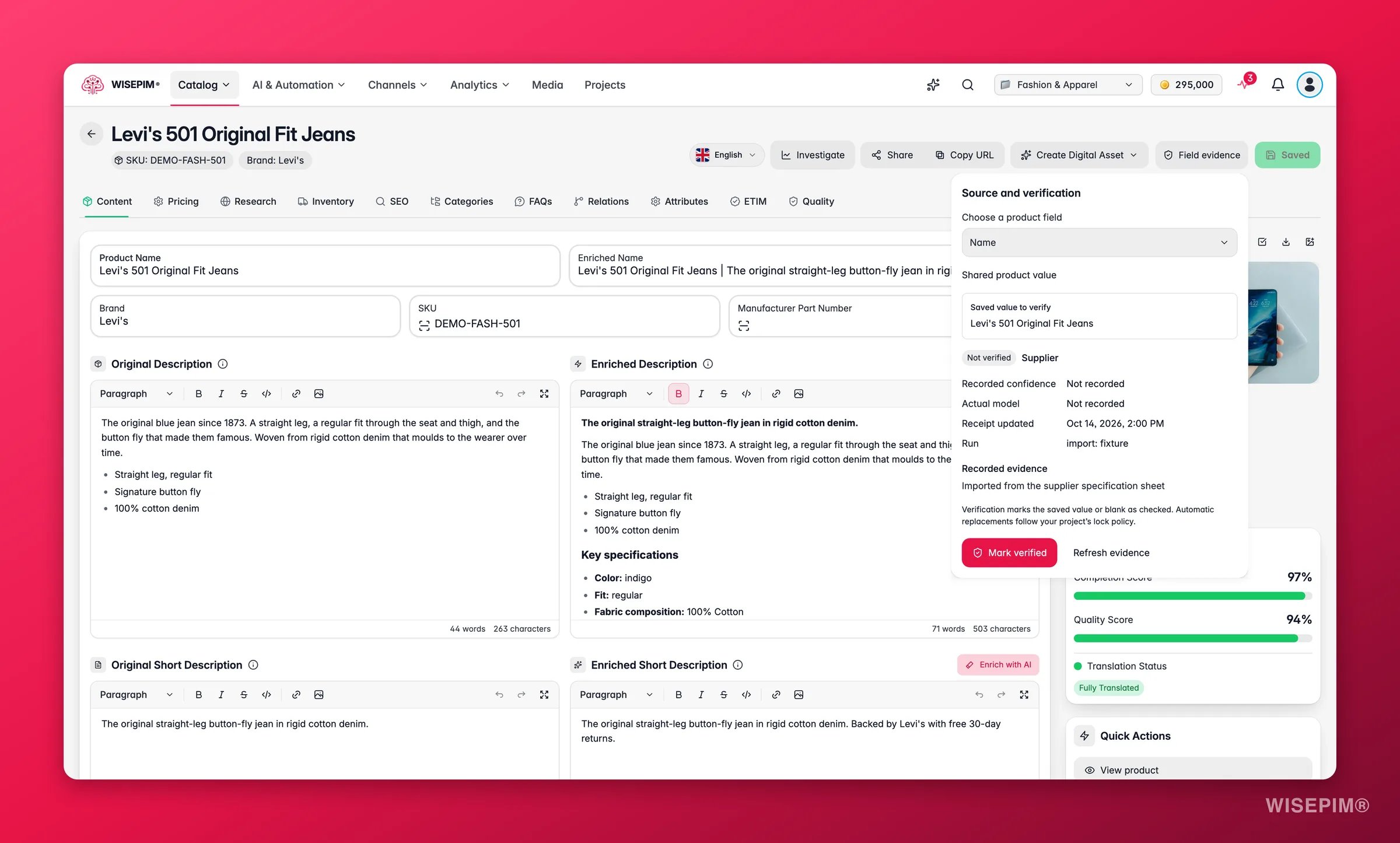 WISEPIM-Produkteditor mit geöffnetem Panel Quelle und Verifizierung für das Feld Name, mit dem gespeicherten Wert, einem Chip Nicht verifiziert, Lieferant als Quelle, den erfassten Nachweisen und dem Button Als verifiziert markieren