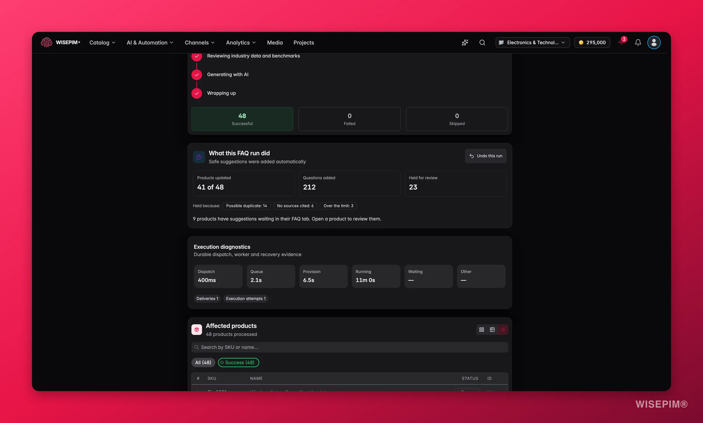 Tarea del Process Tracker de una ejecución de FAQ en bloque con la tarjeta Lo que hizo esta ejecución de FAQ: 41 de 48 productos actualizados, 212 preguntas añadidas, 23 retenidas para revisión y un botón Deshacer esta ejecución