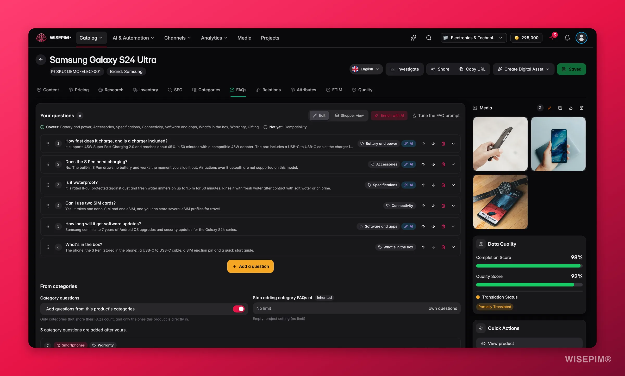 Pestaña FAQ de un producto en WISEPIM con seis preguntas, etiquetas de tipo e IA por pregunta, una franja de cobertura y la sección De las categorías