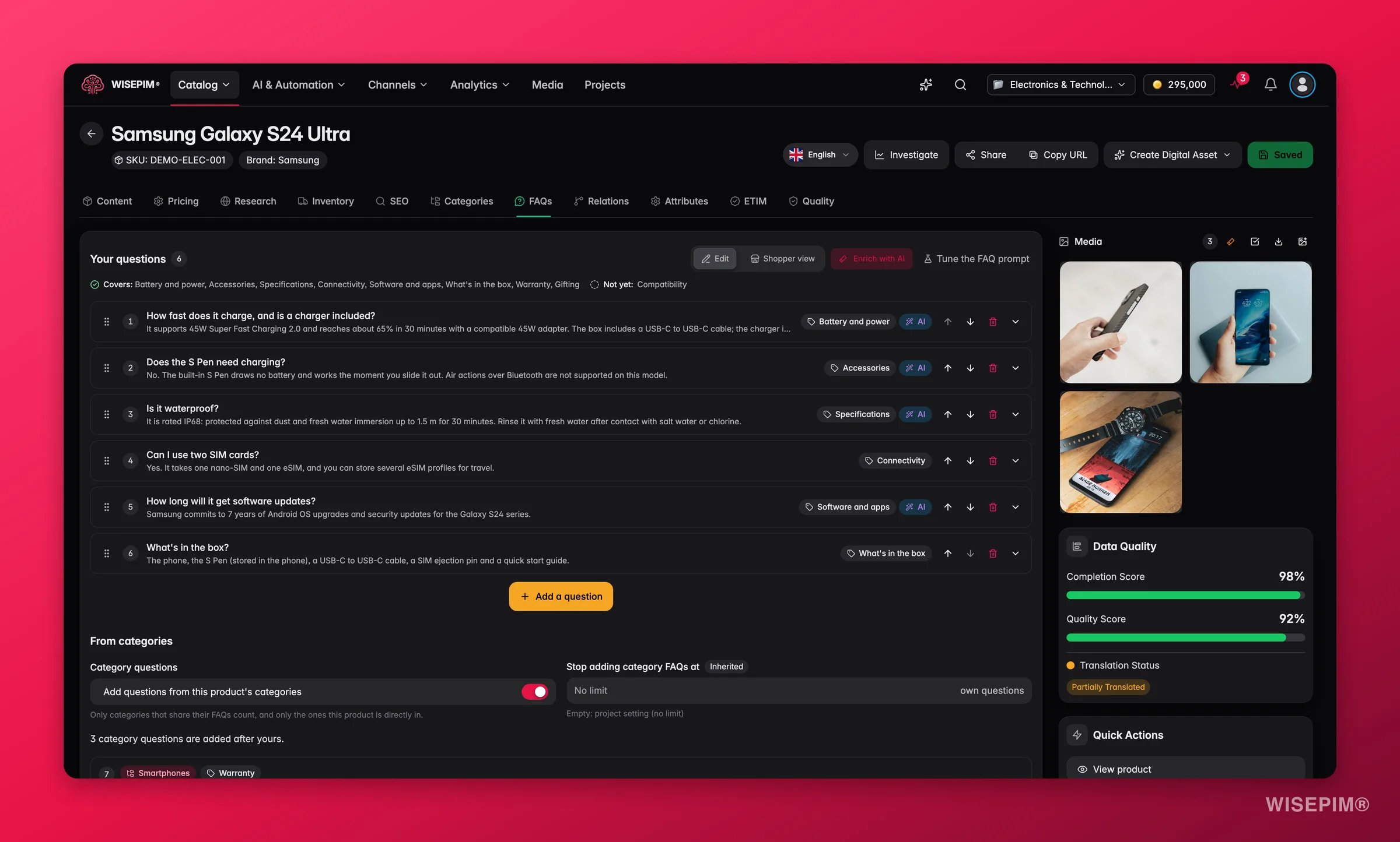 FAQs tab of a product in WISEPIM with six questions, type and AI chips per question, a coverage strip and the From categories section