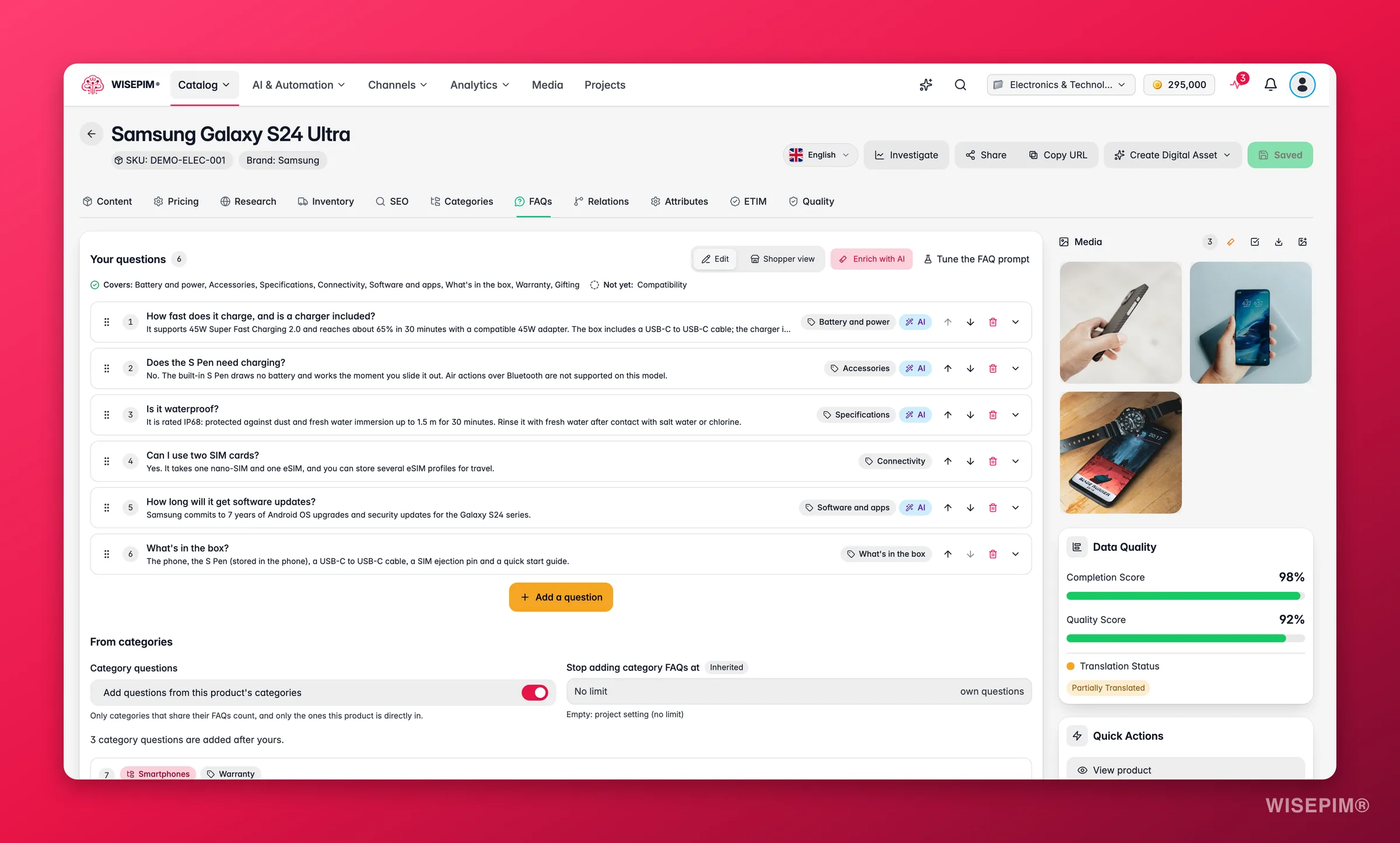 Pestaña FAQ de un producto en WISEPIM con seis preguntas, etiquetas de tipo e IA por pregunta, una franja de cobertura y la sección De las categorías