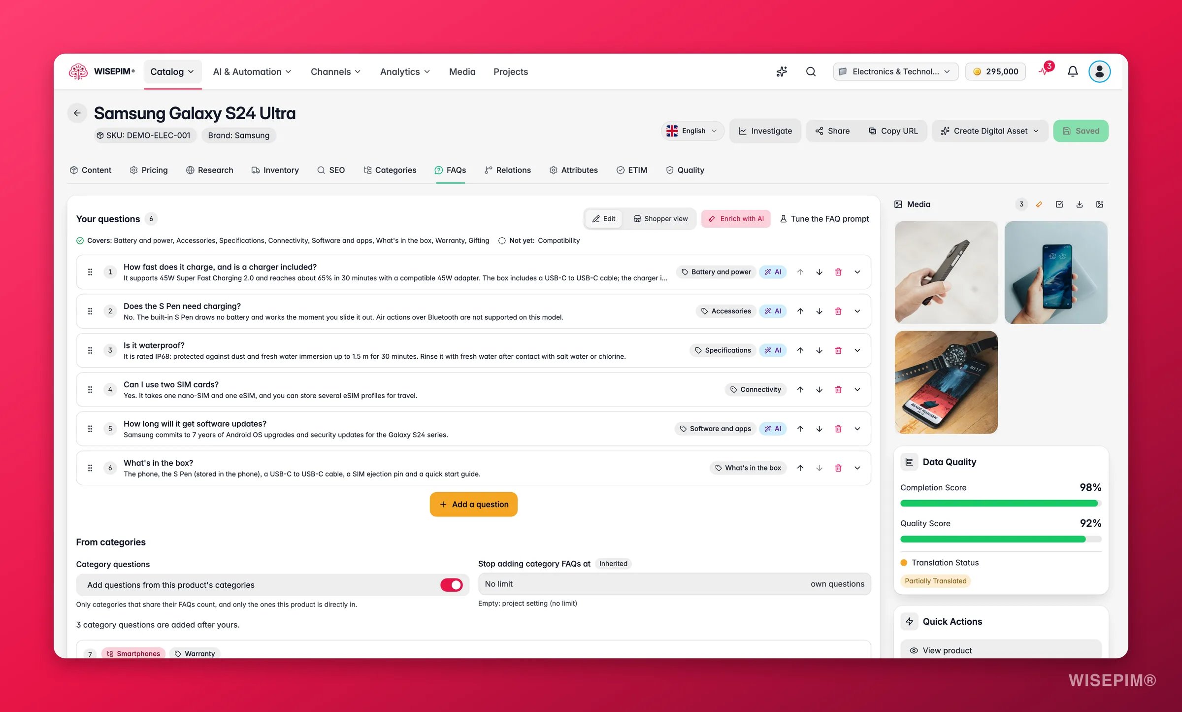 FAQs tab of a product in WISEPIM with six questions, type and AI chips per question, a coverage strip and the From categories section