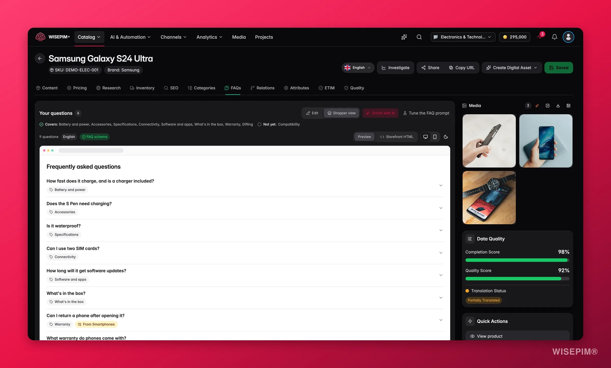 Shopper view of the FAQs tab showing the storefront FAQ block with a Frequently asked questions heading, accordion questions and a FAQ schema badge