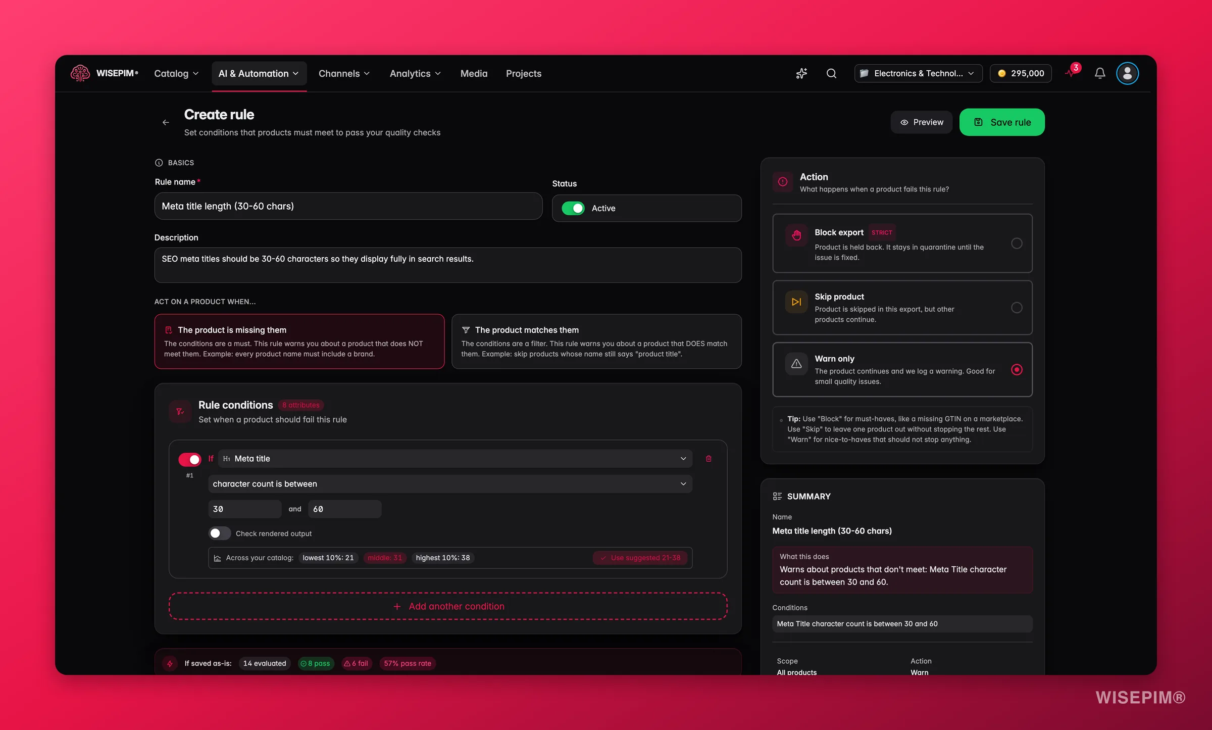 WISEPIM Quality Guard rule builder configuring a meta-title length check with warn severity