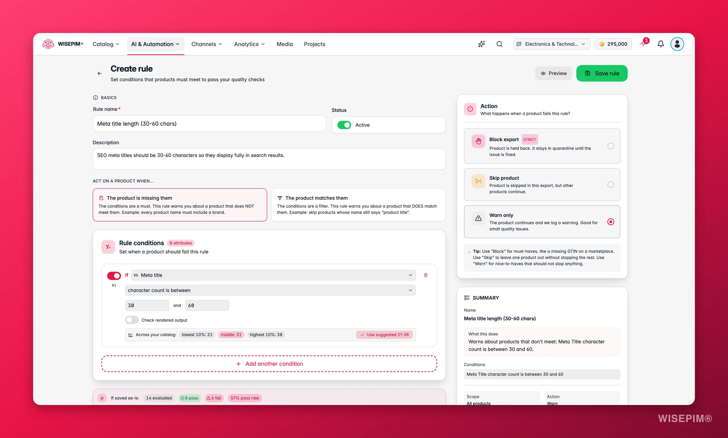 WISEPIM Quality Guard rule builder configuring a meta-title length check with warn severity