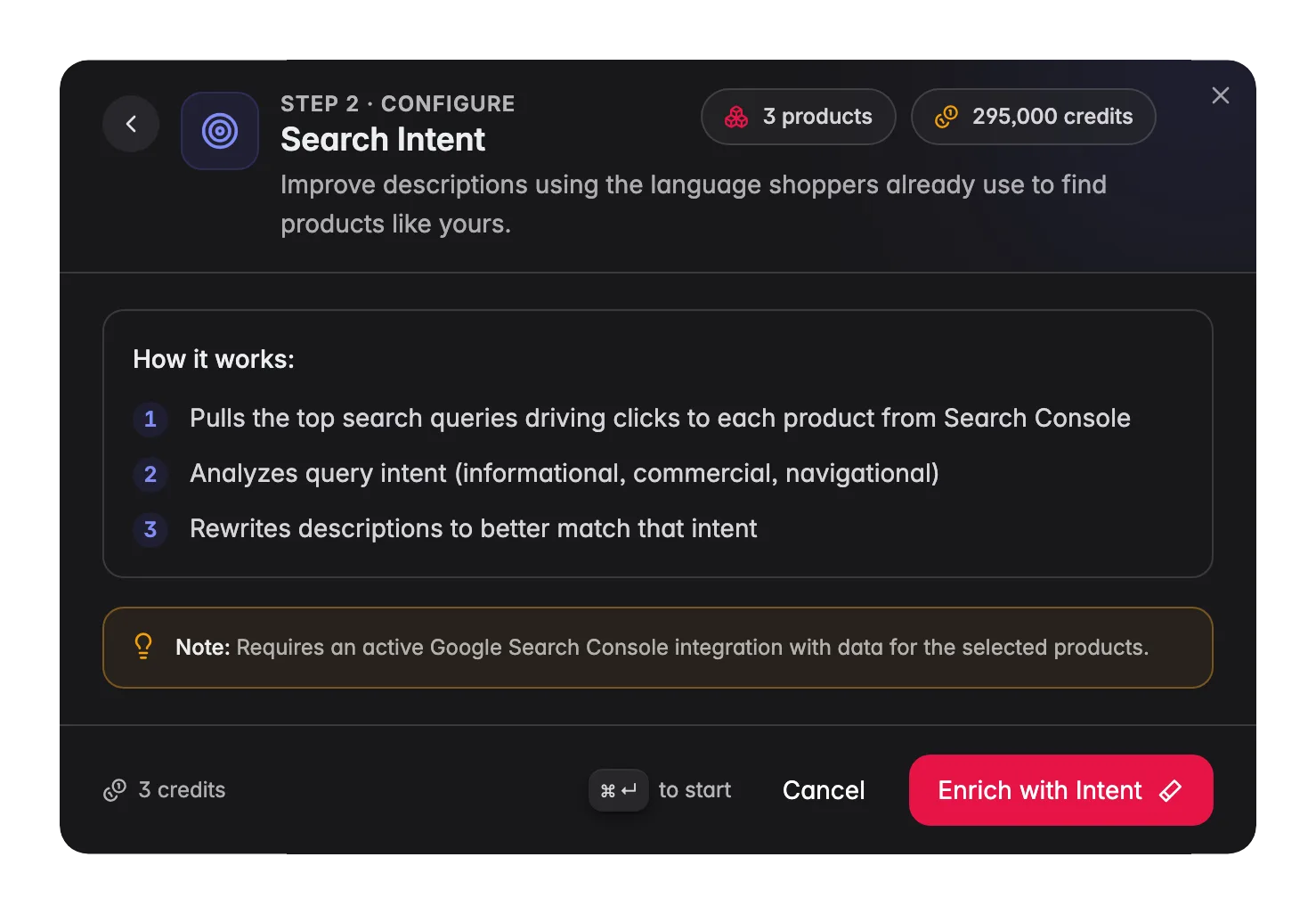 Search Intent enrichment in WISEPIM, rewrites descriptions to match real GSC search queries